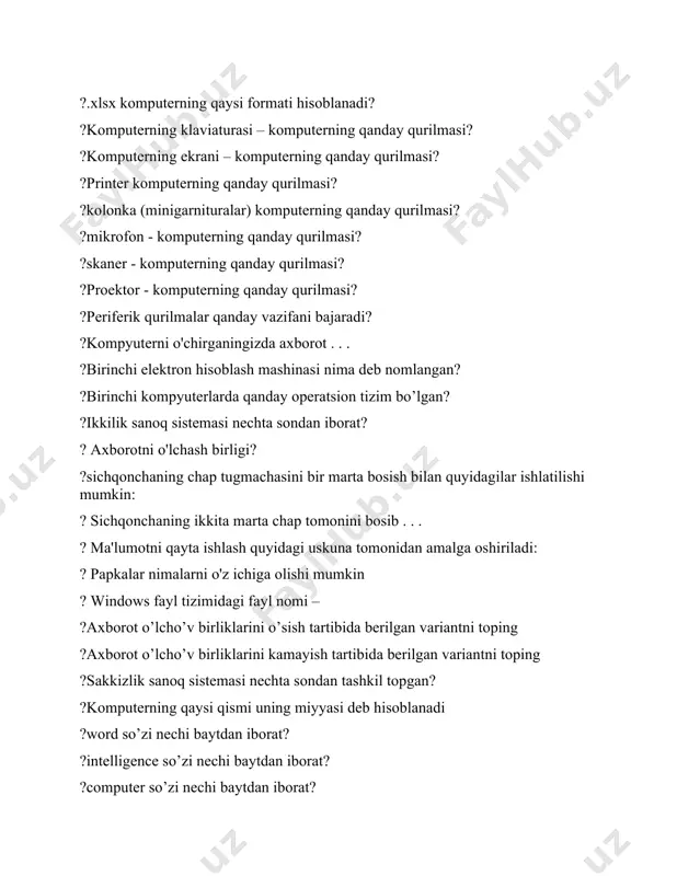 r tarmog’iga ulangach, dastlab qaysi dasturlar ishga tushadi? ?kompyuterlarning dasturiy ta’minoti qanday dasturlar majmuasidan tashkil topadi? ?amaliy dasturlar joylashgan qatorni ko’rsating? ?dastur bajarilishi jarayonida: ?kompyuterda bajarish uchun maxsus tilda yozilgan amallar ketma- ketligi bu: ?to‘g‘ri mulohazani toping: ? win nt, win 2000 va win xp operatsion tizimlar: ?bu ot larning qaysi biri bir foydalanuvchili va bir masalali hisoblanadi. ?software-bu: ? ms worda bu belgining vazifasi nima? ? ms worda bu tugmaning vazifasi nima? ? ms worda bu beginning vazifasi nima? ? ms worda bu belgilarning qaysi biri matni o’rtaga keltirib beradi? ?ms worda agar siz rasm qo'shmoqchi bo'lsangiz, qaysi menyuni tanlashingiz kerak? ? ms worda ishingizni saqlash uchun qaysi menyuni tanlashingiz kerak? ? hujjatni chop etish uchun qaysi yorliqni tanlashingiz kerak? ? bu belgining vazifasi nima? ? bu beginning vazifasi nima? ? bu belginning vazifasi nima? ? bu belginning vazifasi nima? ? bu belgining vazifasi nima? ? bu belginning vazifasi …