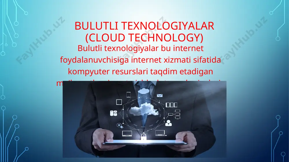 ndows embedded kompaniyasi bosh menenjeri kevin dallas fikriga ko‘ra, buyumlar interneti g‘oyasi ko‘p yillardan buyon mavjud bo’lgan, ammo bunday tarmoqni amalga oshirilmaganligiga sabab -birgina bo‘g‘inning, ya’ni, bulutli texnologiyaning yaratilmaganligi edi. «bulutlar texnologiyasi» ning asosiy modellari dasturiy ta’minot sifatida dastur bulut infratuzilmasida ishlaydigan iste’molchi-provayder ilovalariga taqdim etiladi. platform xizmat sifatida iste’molchiga provayder tomonidan qo’llab-quvvatlanadigan asboblar va dasturlash tillari yordamida ishlab chiqilgan xaridorlar tomonidan yaratilgan yoki xarid qilingan ilovalarning bulut infratuzilmasiga joylashtirish uchun uskunalar taqdim etiladi. infratuzilma xizmat sifatida iste'molchi axborot uzatish, saqlash, tarmoqlar va boshqa asosiy hisoblash resurslari bilan ta'minlangan bo'lib, iste'molchi operatsion tizimlar va ilovalarni o'z ichiga olgan o'zboshimchalik bilan dasturiy ta'minotni ishlatishi va ishlatishi mumkin. . bulutli xizmat ko'rsatish modeli modelning tavsifii modelning maqsadi iaas server, tarmoq, saqlash manbalari ushbu model platformalarni moslashuvchan va tezkor ravishda qayta konfiguratsiya qilishga imkon beradi. amalga oshirilgan misol - amazonpaas boshqarish interfeysidan bulutli xizmat paas iaas-ni ilovalardan boshqarish interfeysi model sizga bulutni amaliy …