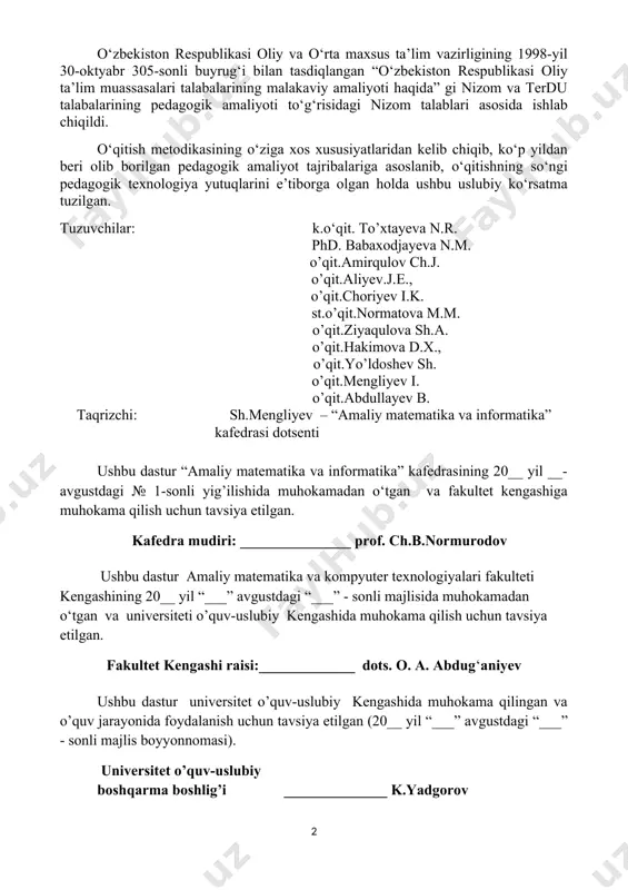 i “___” - sonli majlis boyyonnomasi). universitet o’quv-uslubiy boshqarma boshlig’i ______________ k.yadgorov kirish mohir pedagog bo‘lib shakllanishda pedagogik amaliyotning ahamiyati kattadir. mutaxassis sifatida o‘z fanini yanada chuqquroq o‘rganish, pedagogik mahoratni egallash va xxi asr o‘qituvchisi bo‘lib yetishishda pedagogik amaliyot davri va bu davrda o‘rganilgan amaliy bilimlarning ahamiyati bebahodir. malakaviy amaliyot tajribali, mohir muallimlarga ega bo‘lgan tayanch maktab, maktab-internat, akademik litsey va kollej va tashkilotlarda o‘tkaziladi. bo‘lajak o‘qituvchi, ya’ni amaliyotchi talaba o‘z mutaxassisligidan dars berish jarayonlarida o‘qituvchilik mahoratini egallab boradi. milliy g‘oya, ma’naviyat asoslari va huquq ta’limi yo‘nalishi o‘qituvchilari zimmasiga qo‘yiladigan vazifalarni va ularni izchil amalga oshirish yo‘llarini o‘rganadi. malakaviy amaliyotning mazmuni o‘quv, ma’naviy-ma’rifiy va darsdan tashqari ishlarni qamrab oladi. 5110700 – informatika o’qitish metodikasi ta’lim yo‘nalishida malakaviy amaliyot 6-semestrda o‘tkaziladi. o‘quv rejaga muvofiq malakaviy amaliyot 4 hafta-dan (144 soat) iborat. o‘tiladigan amaliyotda talabalarning nima ishlar bilan shug‘ullanishlari kafedra metodist o‘qituvchilari tomonidan reja asosida amalga oshirilishi belgilab olingan. har bir talaba …