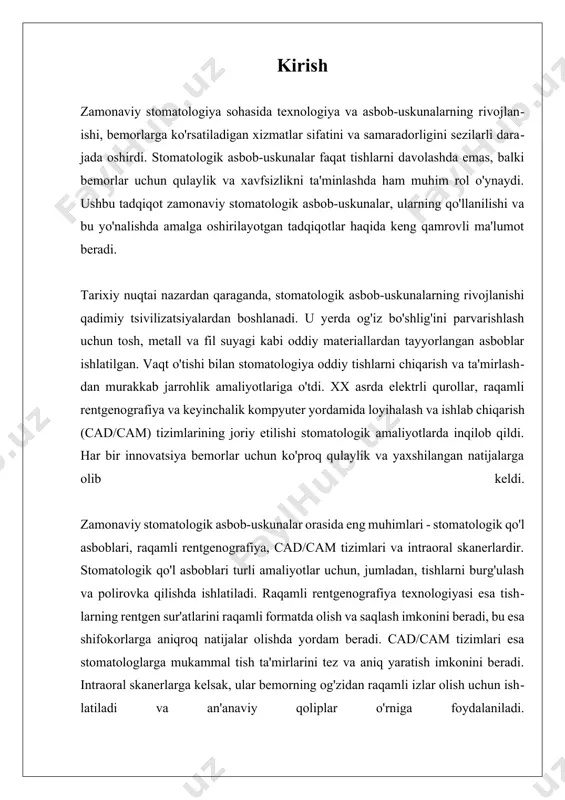 lan bu asboblarning samaradorligi yanada oshdi. o'tgan asrning o'rtalarida stomatologik asbob-uskunalarning ilk elektr versiyalari paydo bo'ldi. bu asboblar, masalan, elektr dastgohlar, stomatologlar uchun jarrohlik amaliyotlarini ancha osonlashtirdi. 20-asrning oxiriga kelib, raqamli radiografiya va kompyuter yordamida dizayn va ishlab chiqarish (cad/cam) tizimlari kiritilishi stomatologik amaliyotning sifatini oshirdi. raqamli radiografiya aniq va sifatli tasvirlarni olish imkonini berdi, bu esa tashxis qo'yishni va davolash jarayonini ancha osonlashtirdi. zamonaviy stomatologik asbob-uskunalar ichida eng muhimlari qatoriga dental qo'l asboblari, intraoral skanerlari va cad/cam tizimlari kiradi. dental qo'l asboblari, asosan, tishlarni burg'ilash va polirovka qilishda ishlatiladi. ular havo bilan (havo turbinali qo'l asboblari) yoki elektr bilan ishga tushiriladi (elektr qo'l asboblari). intraoral skanerlari esa bemorlarning og'iz bo'shliqlaridan raqamli izlar olish imkonini beradi va an'anaviy gipsli izlar olish zaruratini bartaraf etadi. asbob-uskunalarning rivojlanishi stomatologiya sohasida jarrohlik amaliyotlarining samaradorligini va aniqligini oshirdi. masalan, cad/cam tizimlari stomatologlarga o'z ish joyida tish qoplamalari va ko'priklar kabi aniq dental restoratsiyalarni tez …
