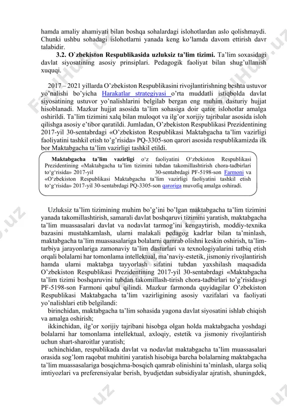 arni axborot-kommunikatsiya texnologiyalaridan hamda internet jahon axborot tarmogʼidan foydalangan holda masofadan turib olishga qaratilgan. shuningdek, qonunga koʼra, davlat oliy taʼlim, oʼrta maxsus, professional taʼlim muassasalari va ularning filiallari, shuningdek davlat ishtirokidagi oliy, oʼrta maxsus, professional taʼlim tashkilotlari va ularning filiallari prezident yoki hukumat qarorlari bilan tashkil etiladigan boʼldi. nodavlat taʼlim muassasalarini tashkil etish ularning taʼsischilari tomonidan amalga oshirilishi belgilandi. nodavlat taʼlim tashkilotlariga litsenziya taʼlim sifatini nazorat qilish davlat inspektsiyasi tomonidan beriladigan boʼldi. qonunda dual taʼlimga oid qoidalar belgilanib, u taʼlim oluvchilar tomonidan zarur bilim, malaka va koʼnikmalarni olishga qaratilgan boʼlib, ularning nazariy qismi taʼlim tashkiloti negizida, amaliy qismi esa taʼlim oluvchining ish joyida amalga oshiriladi. bundan tashqari, qonunga inklyuziv taʼlim toʼgʼrisidagi qoidalar kiritilib, unga binoan, inklyuziv taʼlim alohida taʼlim ehtiyojlari va individual imkoniyatlarning xilma-xilligini hisobga olgan holda barcha taʼlim oluvchilar uchun taʼlim tashkilotlarida taʼlim olishga boʼlgan teng imkoniyatlarni taʼminlashga qaratilgan. jismoniy, aqliy, sensor (sezgi) yoki ruhiy nuqsonlari boʼlgan bolalar (shaxslar) …