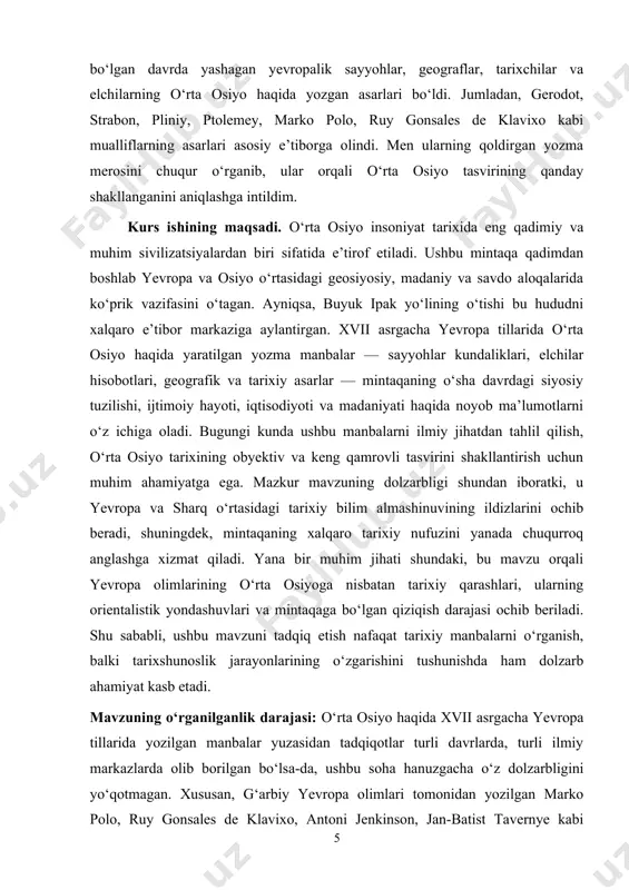 nbalarni tahlil qilishga jiddiy e’tibor qaratganlar. keyinchalik o‘zbekistonda ham bu boradagi izlanishlar kuchaydi. xususan, o‘rta osiyo tarixi va uning yevropa bilan bo‘lgan aloqalari to‘g‘risida akademiklar a. asqarov, r. sultonov, z. mamatqulov va boshqa tarixchilarning ishlarida ba’zi jihatlar qisman o‘rganilgan. shunga qaramay, mavjud ilmiy tadqiqotlar ko‘proq umumiy tarixiy kontekstga qaratilgan bo‘lib, aynan xvii asrgacha bo‘lgan yevropa yozma manbalarining tahlili va ularning o‘rta osiyo haqidagi qarashlarini tizimli o‘rganish hanuzgacha yetarli darajada chuqurlashtirilmagan. bu esa mavzuni mustaqil ilmiy izlanish obyekti sifatida o‘rganishni taqozo etadi. kurs ishining yangiligi va ahamiyati. mazkur kurs ishi o‘rta osiyo tarixining yevropa tomonidan qanday idrok etilganini aniqlash, yevropa tillarida xvii asrgacha yaratilgan yozma manbalarni ilmiy jihatdan tahlil qilish orqali mintaqaning o‘tmishdagi geosiyosiy, madaniy va ijtimoiy holatini chuqurroq yoritish imkonini beradi. bu esa nafaqat tarixiy haqiqatlarni tiklash, balki tarixiy tafakkurning shakllanish jarayonida yevropa manbalarining tutgan o‘rnini ochib berish nuqtai nazaridan ham muhim hisoblanadi. ishda o‘rganilayotgan manbalar orqali o‘rta osiyoga tashrif …