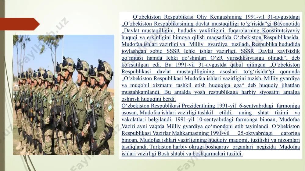 dagi litseylarga aylantirildi. 2017 yil 5 iyulda esa o'zbekiston res­publikasi prezidentining farmoniga muvofiq barcha harbiy akademik litseylarga “temurbeklar maktabi” maqomi berildi. vazirlar mahkamasining 1994 yil 20 iyundagi qarori va mudofaa vazirining 1994 yil 9 iyuldagi buyrug'iga asosan jizzax oliy harbiy aviatsiya bilim yurti tashkil etilgan edi. mazkur harbiy bilim yurti 2018 yil 18 yanvarda prezident qaroriga muvofiq “o'zbekiston respublikasi oliy harbiy aviatsiya bilim yurti” deb qaytadan nomlanib, jizzax shahridan qarshiga ko'chirildi. 2016 yildan boshlab milliy armiyamizni isloh qilish, qurolli kuchlarning tashkiliy tuzilmasini va dislokatsiya tizimini takomillashtirish, qo'shinlarni zamonaviy qurol-yarog' va texnika namunalari bilan jihozlash, harbiy xizmatchilarning jangovar tayyorgarligi va shayligi, kasbiy mahoratini oshirishga alohida e'tibor qaratib kelinmoqda. qo'shinlarning eng zamonaviy turdagi harbiy texnika va qurol-yarog'lar bilan ta'minlanishi va so'nggi yillarda amalga oshirilgan islohotlar natijasida o'zbekiston armiyasi 2023 yil 1 yanvar holatiga ko'ra dunyodagi eng kuchli armiyalar reytingida 145 davlat orasida 62-o'rinni egalladi (harbiy kuchlarning global indeksi 50 ga yaqin omillarni …