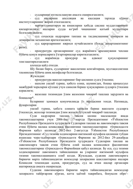 ида прокурор билан адвокатнинг тенг асосда иштирокини таъминлаш, судялар ҳар ишда томонларнинг фикрини холисона баҳолаб, қарор чиқариши зарурлиги, шундагина кишилар судни жазоловчи орган емас, фуқаро манфаатларини ҳимоя қилувчи орган, деб қараши мумкинлигини баён қилди^. 2000-йил 22-январда олий мажлис сессиясида со‘злаган маърузасида i. а. каримов мамлакатимизда олиб борилиши керак бо‘лган етти муҳим вазифани (ё‘налишни)дан бешинчиси сифатида суд-ҳуқуқ соҳасида қилинадиган ишларни ко‘рсатиб бердф. бу ерда суд ислоҳотлари, амалдаги кодекслар, қонунлар, меъёрий ҳужжатларни такомиллаштириш билан қо‘шиб олиб борилиши зарурлиги ко‘рсатилди. шундан со‘нг, жиноят қонунига, маъмурий қонунчиликка, процессуал қонунчиликка ко‘пгина о‘згартиришлар киритилди. жазо тизими еркинлаштирилди. олий мажлиснинг 2002-йил 29-августда бо‘либ о‘тган мамлакатимизда олиб бориладиган енг муҳим ислоҳотлар белгилаб берилди, олтинчи устувор ё‘налиш - бу суд-ҳуқуқ соҳасини ислоҳ қилиш бўйича бошланган ишларни давом еттиришдан иборат, дея таъкидланиб, қилиниши зарур бўлган ишларни аниқ кўрсатиб берилиб, қаерда суд мустақил бо‘лмас екан, шу ерда қонун талаблари ва адолат бузилиши муқаррарлигп қайд етилди. президентнинг 2005-йилда бо‘либ ўтган олий мажлис …