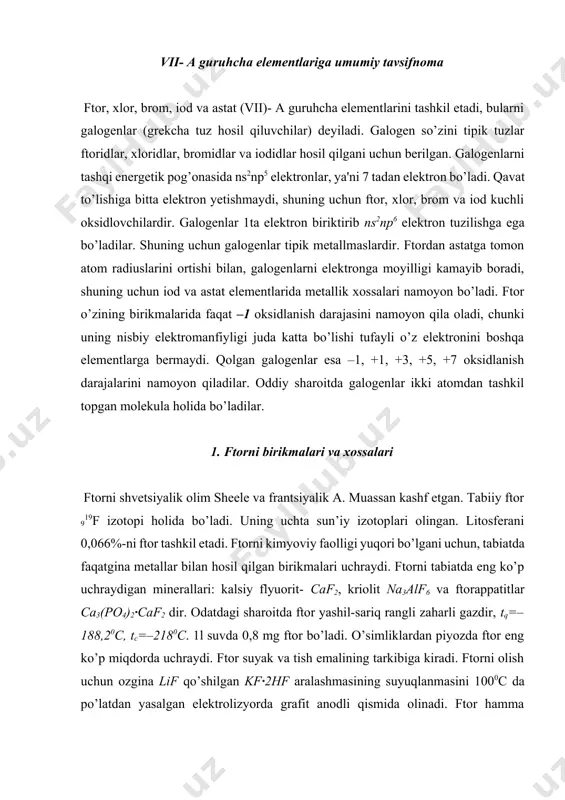 tish emalining tarkibiga kiradi. ftorni olish uchun ozgina lif qo’shilgan kf·2hf aralashmasining suyuqlanmasini 1000c da po’latdan yasalgan elektrolizyorda grafit anodli qismida olinadi. ftor hamma metallar bilan va ko’pchilik metallmaslar bilan odatdagi sharoitda reaksiyaga kirishadi. bu reaksiyalarda ko’p miqdorda issiqlik ajralib chiqadi. masalan: 2al + 3f2 = 2alf3 + 2989 кдж 2fe+ f2 = 2fef3 +1974 кдж h2 + 3f2 = 2hf + 547 кдж si + f2 = sif4 +1615кдж ftor o’zidan keyin turgan galogenlarni tuzlaridan siqib chiqaradi: f2 + 2nacl = 2naf + cl2 f2 + 2nabr = 2naf + br2 f2 + 2naj = 2naf + j2 ftor atmosferasida hatto suv va qum ham yonadi: 2h2o + 2f2 = 4hf +o2 ёки 3f2 + 3h2o = f2o ↑+4hf + h2o2 sio2 + 2f2 = sif4 +o2 qizdirilganda inert gazlar bilan ham reaksiyaga kirishadi: xe+f2 = xef2 ёки xe+3f2 = xef6 ftoridlarga konsentrlangan sulfat kislota ta'sir ettirilsa vodorod ftorid …