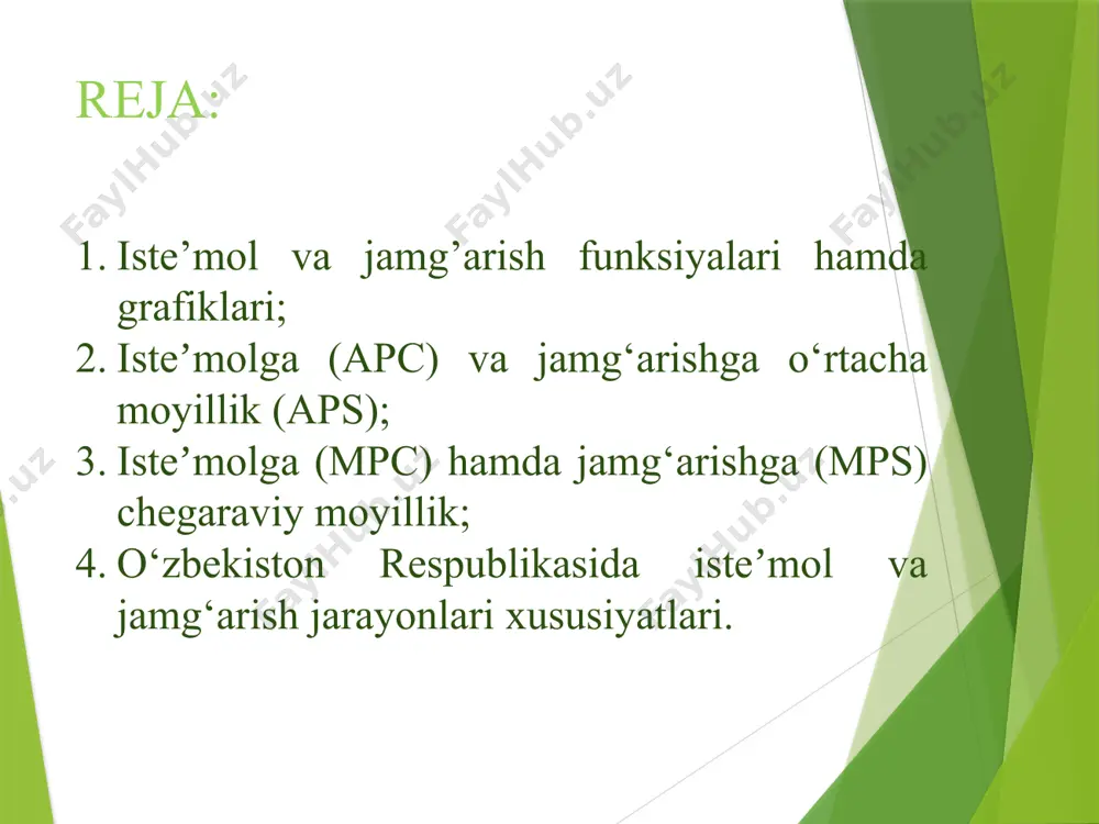 amda grafiklari jamg’arish funksiyasi va grafigi bu yerda: a – avtonom xarajatlar; yd – tasarrufidagi daromad; b – iste’mol hajmining tasarrufidagi daromadga bog’liqligini ifodalovchi koeffitsient, boshqacha aytganda iste’molga chegaralangan moyillik. iste’mol va jamg’arish funksiyalari hamda grafiklari iste’mol va jamg’arish hajmiga tasarrufidagi daromad dinamikasidan tashqari quyidagi omillar, to’g’rirog’i bu omillardagi o’zgarishlar ham ta’sir ko’rsatadi: 1. uy xo’jaliklari daromadlari; 2. uy xo’jaliklarida to’plangan mulk hajmi; 3. narxlar darajasi; 4. iqtisodiy kutish; 5. iste’molchilar qarzlari hajmi; 6. soliqqa tortish hajmi. isteʼmolga (apc) va jamg‘arishga o‘rtacha moyillik (aps); iste’molga o‘rtacha moyillik deganda tasarrufidagi daromaddagi iste’mol xarajatlarining ulushi tushuniladi, ya’ni: c apc = --------- 100 yd bunda: apc – (average propensity to consume) iste’molga o‘rtacha moyillik. isteʼmolga (apc) va jamg‘arishga o‘rtacha moyillik (aps); tasarrufdagi daromaddagi jamg’arma ulushini jamg’arishga o’rtacha moyillik deb ataladi, ya’ni: s aps = --------- 100 yd bunda: aps – (average propensity to saving) jamg’arishga o‘rtacha moyillik. isteʼmolga (apc) va jamg‘arishga o‘rtacha moyillik …