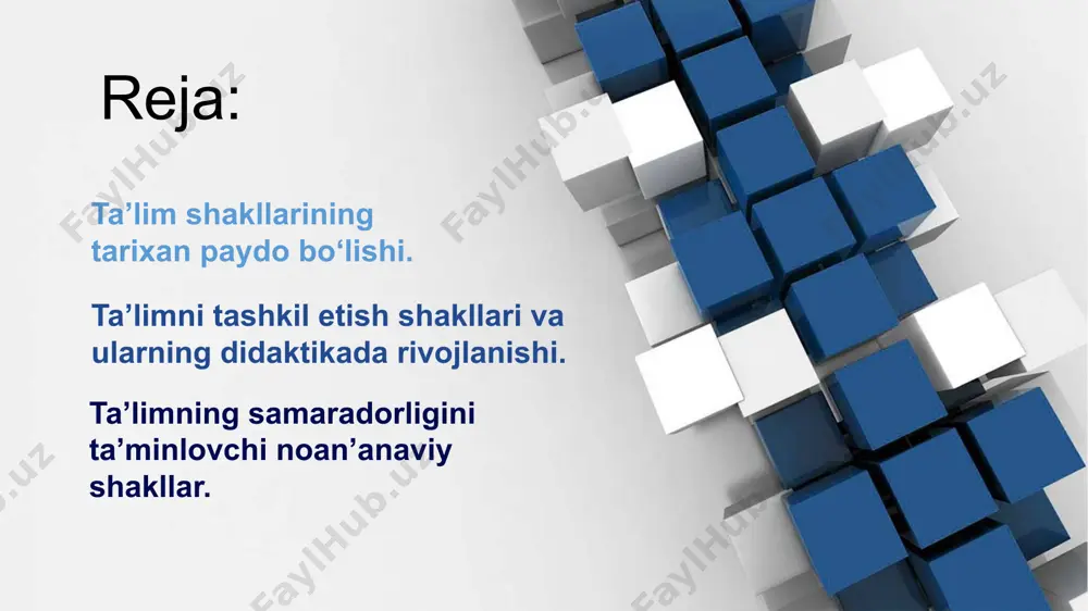 ikdan bilimlarni o‘zlashtirish sari harakatlarning muntazamligi va izchilligi. - ta’lim beruvchining ta’lim oluvchilar va ularning tarbiyasiga doimiy emotsional ta’sir ko‘rsatishi; - ta’lim beruvchi uchun o‘qitish mazmuni va o‘qitish sur’atlari hamda metodlari bo‘yicha individual ishlarni tashkil etish, shuningdek, ta’lim oluvchilarning individual xususiyatlarini hisobga olishda qiyinchiliklarni yuzaga kelishi; -tizimning bilimlarni asosan o‘rta darajada o‘zlashtiruvchi ta’lim oluvchilar uchun mo‘ljallanganligi, bo‘sh o‘zlashtiruvchi ta’lim oluvchilar uchun qiyinchiliklarning yuzaga kelishi va kuchli o'zlashtiruvchi ta’lim oluvchilarning qobiliyatlarining rivojlanish sur’atining ortga surilishi; -katta va kichik yoshli ta’lim oluvchilar o‘rtasidagi munosabatlarning qaror topmasligi. sinf-darsning kamchiliklari sinf-darsning o’ziga xos xususiyatlari - о‘quvchilar sinfda bitta material ustida ishlaydilar; - о‘qituvchi о‘quvchilar faoliyatiga rahbarlik qiladi; - dars odatda muayyan fanlar bо‘yicha tashkil etiladi; -о‘quv mashg‘ulotining asosiy birligi dars hisoblanadi; -о‘quvchilar maktabga yilning bir vaqtida va belgilangan soatlarida keladilar; -о‘quv faoliyati yagona yillik reja va dasturga kо‘ra turg‘un dars jadvali bо‘yicha tashkil etiladi; -u о‘z fani bо‘yicha har bir о‘quvchining bilim, ko‘nikma, malakalarni …