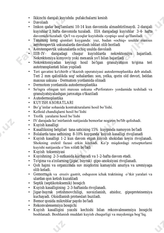 i dorilar in’eksiya tariqasida yuboriladi: analgin, baralgin, narkotik analgetiklar bemor zudlik bilan ixtisoslashtirilgan kuyish markazlariga yuboriladi • davolash • i darajali kuyishlarga 5% sintomitsinli bog‘lamlar qo‘yiladi yuz sohasidagi kuyishlarni «ochiq» yo‘l bilan davolanadi (baliq yog‘i, oblep ixa yog‘i) ii va iii a darajada mayda pufakchalar ko‘chirilmaydi, katta pufakchalar asosida teshiladi va suyuqlik chiqarib tashlanadi. keyinchalik sintomitsin va levomekol malxamlari va yog‘li- furatsilinli aralashmalar bilan bog‘lamlar qo‘yiladi • ikkinchi darajali kuyishda pufakchalarni punksiya qilish • ikkinchi darajali kuyishda pufakchalarni kesish • davolash • imkon qadar bog'lamlarni 10-14 kun davomida almashtirilmaydi. 2-darajali kuyishlar 2 hafta davomida tuzaladi. iiia darajadagi kuyishlar 3-4- hafta davomida tuzaladi. qo'l va oyoqlar kuyishida «yopiq» usul qo'llaniladi • tananing keng qismlari kuyganda: yuz, badan «ochiq» usulda maxsus aeroterapevtik uskunalarda davolash ishlari olib boriladi • aeroterapevtik uskunalarda ochiq usulda davolash • iiib-iv- darajadagi chuqur kuyishlarda nekrektomiya bajariladi. nekrektomiya kimyoviy yoki mexanik yo'l bilan bajariladi • nekrektomiyadan keyingi hosil bo'lgan …