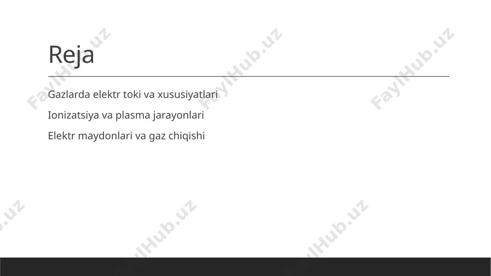 arayonlari gaz discharge jarayonlari, metall va boshqa materiallarni qayta ishlashda, katta elektr toki ta'sirida yuqori sifatli mahsulotlar olish uchun foydalaniladi. ionizatsiya jarayoni: gazda elektr toki va ionlarning roli. ionizatsiya jarayoni elektr toki va ionlar amaliyotda qo‘llanilishi ionizatsiya jarayoni gaz molekulalarining elektronlarini yo‘qotishi yoki qo‘shishi bilan yuzaga keladi, bu esa ionlar va erkin elektronlar hosil qiladi. gazda elektr toki ionlardan va erkin elektronlardan iborat bo‘lib, ular elektr maydonida harakatlanib, energiya uzatadi hamda ionizatsiya jarayonini davom ettiradi. ionizatsiya jarayoni sanoatda gaz discharge lampalarida, plazma texnologiyalarida va elektron qurilmalarda keng qo‘llaniladi, bu esa innovatsion yechimlar yaratadi. plasma holati: gazdagi ionizatsiya va uning xususiyatlari. 1 plasma holati - plasma holati gazning to‘liq ionizatsiya qilingan holatini anglatadi, bunda gaz molekulalari ionlarga va erkin elektronlarga bo‘linadi. 2 ionizatsiya jarayoni - ionizatsiya jarayoni gazda elektronlarning energiyasi oshishi natijasida sodir bo‘ladi. bu jarayon gazda elektr tokini o‘tkazish imkonini beradi. 3 plasma xususiyatlari - plasma xususiyatlari ichida yuqori energiya, …