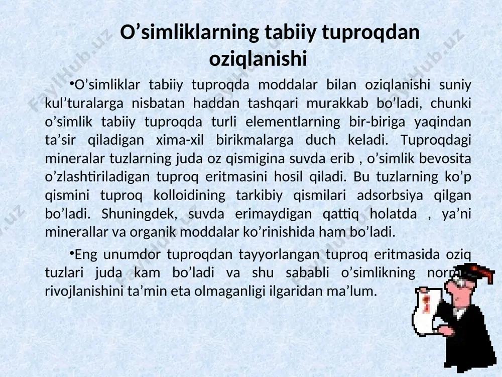 alar va o’simliklar uchun muhim oziq elementlarni to’plash qobilyati katta ahamiyatga ega. e’tiboringiz uchun raxmat!!!