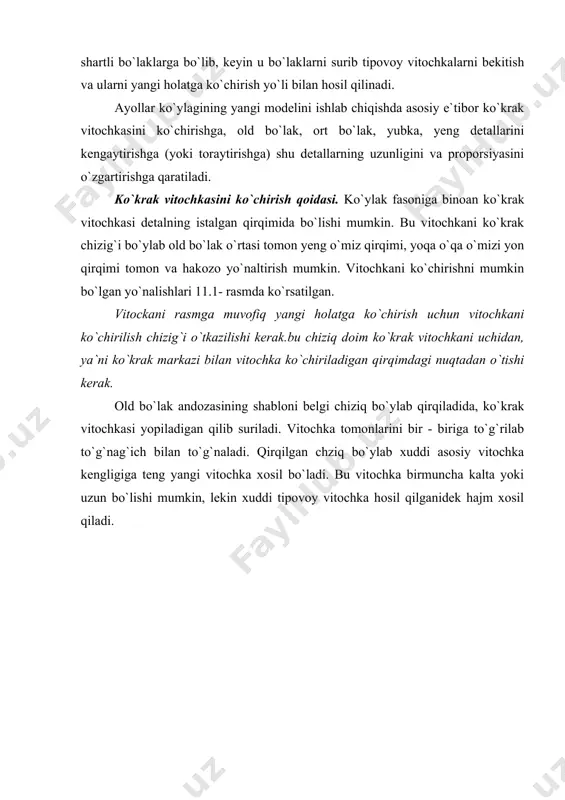 ni bir biriga to`g`ri keltirib bekitiladida, to`g`nag`ich bilan to`g`nab qo`yialadi. yangi vitochkaning yo`qori chizig`i bo`ylab markazdan 3-5 sm o`lchab qo`yiladi. bu yangi vitochkaning uchi bo`ladi. xosil bo`lgan vitochka qirqimlarini tekis chiziq bilan chiziladi. ko`krak vitochkani bel chizig`iga ko`chirish. agar modelga binoan ko`krak vitochka bel chizig`iga ko`chiriladigan bo`lsa, unda oldindan old bo`lakning asosiy andozasida 12-rasm, bda ko`rsatilgandek bel vitochkasiing uchini ko`krak vitochka uchi bilan birlashtirib olinadi. beldagi vitochkaning chap tomonidan qirqma hosil qilinadi. ko`krak vitochkasining bekitib to`g`naladida, vitochkaning yangi holati ochiladi. yangi vitochka kengligi ko`krak va beldagi vitochkalar kengligi yig`indisiga teng bo`laldi. yangi vitochka qirqimlarini ham tekis chiziq bilan chiziladi. bu vitochka uchi beldagi vitochkaning dastlabki holatiga mos bo`lishi kerak. agar ko`krak vitochka juda keng bo`lsa (bu ko`kragi katta ayollarga xos) bunday vitochkani bel chizig`iga bitta emas, balki kkita qilib, yoki yon qirqimia ikkita qilib, yoki uning yarmini yon qirqimiga, qolgan yarmini esa bel qirqimiga ko`chiriladi. 12-rasm. ko`krak vitochkani ko`chirish ko`krak …