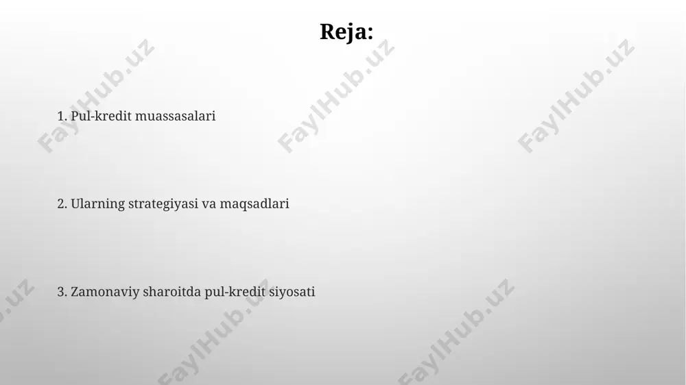 sh orqali iqtisodiy barqarorlikni ta'minlash hisoblanadi, bu esa moliyaviy inqirozlardan himoya qiladi. 2008-yildagi global moliyaviy inqirozdan so'ng, ko'plab mamlakatlar, jumladan, aqsh va yevropa ittifoqi davlatlari, moliyaviy nazoratni kuchaytirish bo'yicha 10 dan ortiq yangi qonunlarni qabul qildilar. pul-kredit muassasalari tizimi markaziy bankning 15% lik asosiy stavka siyosati o'zbekiston pul-kredit muassasalari tizimining qisqa muddatli kreditlash stavkalarini va inflyasiyani boshqarishda muhim rol o'ynaydi. pul-kredit muassasalari tizimi 2023 yil holatiga ko'ra o'zbekistonda 30 dan ortiq tijorat banklari, 5 ta ixtisoslashgan bank va bir qator mikroqarz tashkilotlarini o'z ichiga oladi. banklarning moliyaviy barqarorligi 2022-yilda o'zbekiston banklarining aktivlarining umumiy hajmi 200 trillion so'mdan oshdi, bu esa kapital yetarliligi ko'rsatkichlarining xalqaro standartlarga muvofiqligini ta'minlash uchun qo'shimcha choralar ko'rish zarurligini ko'rsatadi. markaziy osiyo davlatlari orasida qozog'iston banklari 20% dan ortiq kapital yetarlilik darajasini saqlab qolishga erishgan bo'lsa, o'zbekiston banklari bu ko'rsatkichni 15% ga yetkazishga intilayotir. valyuta siyosati va kurslarni boshqarish марказий банк 2023 йилда 10 марта асосий ставкани …