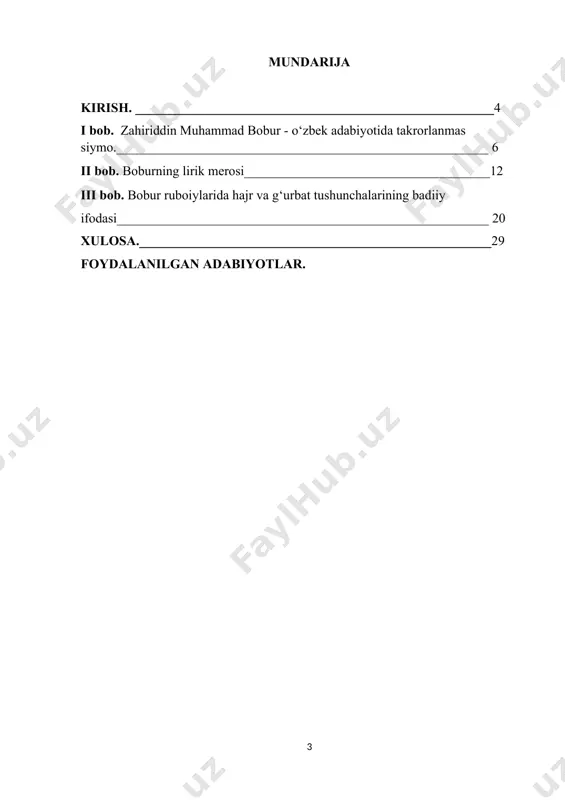 tet va jumhuriyatimiz hukumatining navoiy, ulug‘bek, bobur, mashrab va xalqimizning boshqa buyuk farzandlari yubileylarini o‘tkazish to‘g‘risidagi qarorlarni juda ruhlanib kutib olganligi bejiz emas''. shu ma’noda bobur ijodini, uning ma’naviy merosini bugungi kun, istiqlol davri nuqtai nazaridan tahlil qilish bugunning dolzarb mavzularidan biri hisoblanadi. yosh avlodni ma’naviy jihatdan tarbiyalashda boshqa vositalar qatorida mumtoz adabiyotning o‘z o‘rni bor. mumtoz adabiyot xalqimizning asrlar davomidagi donoligi, badiiy zavqini mujassam etgan[footnoteref:1]. bu adabiyotni o‘rganish qadriyatlarni o‘rganish, o‘zlikni anglash demakdir. [1: mirziyoev sh.m. tanqidiy tahlil, qat’iy tartib-intizom va shaxsiy javobgarlik – har bir rahbar faoliyatining kundalik qoidasi bo‘lishi kerak. – t:.o‘zbekiston, 2017. -b.6.] qolaversa, o‘zbekiston respublikasi prezidentining 2023-yil 25-yanvardagi “buyuk shoir va olim, mashhur davlat arbobi zahiriddin muhammad bobur tavalludining 540 yilligini keng nishonlash to‘g‘risida” farmoni [footnoteref:2]qabul qilindi. [2: https://lex.uz/uz/docs/-6371358 ] mavzuning o‘rganilganlik darajasi. bobur va uning ijodi o‘zbek adabiyotida keng ko‘lamda o‘rganilgan. mamlakatimizda juda ko‘plab boburshunos olimlar yetishib chiqqan. ular o‘zlarining tadqiqotlari davomida bobur hayoti …