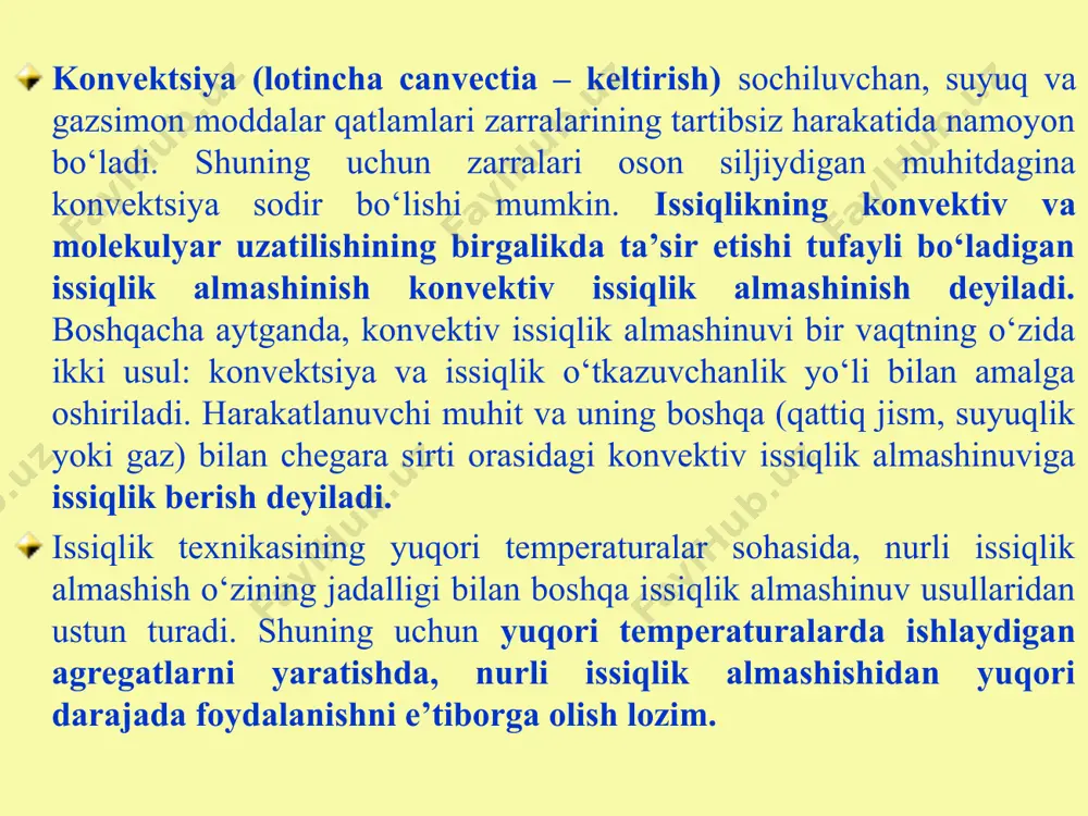 bilan temperatura gradientining vektorlari qarama-qarshi tomonga yo‘nalganligini bildiradi. (5) ifodadagi proportsionallik koeffitsienti  issiqlik o‘tkazuvchanlik koeffitsenti deyiladi. izotermik sirt birligidan vaqt birligi ichida o‘tadigan issiqlik miqdori issiqlik oqimining zichligi deyiladi. q= -dq/(dfd) yoki q= - (t/n) (6) issiqlik oqimi zichligi q ning vektori doimo temperaturaning pasayishi tomoniga yo‘nalgan bo‘ladi. e’tiboringiz uchun raxmat!!!