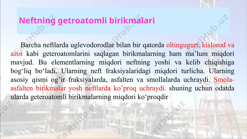 ega bo‘lgan c1 – c24 kislotalar, izo tuzilishga ega bo‘lgan c4 – c7 alifatik kislotalar (1–,3– metil hosilali va 1–etil hosilali), c11 – c15 izoprenoid kislotalar, siklopentankarbon kislotalar va ularning mono–, di– va uchmetil hosilali gomologlari, siklogeksankarbon kislota va uning mono– va trimetil hosilali gomologlari, hamda turli siklopentilsirka kislotalar va siklopentilpropion kislotalar, c8 – ikki asosli alifatik va aromatik kislotalar, c3 – c6 alifatik va c13 – c15 siklik ketonlar, hamma (uch) krezollardan iborat, turli ksilenollar va b –naftol hamda boshqa murakkabroq tuzilishli birikmalardan iborat fenollar mavjuddir. neftda kislorodning miqdori 0,05 dan 3,6 % gacha. bu taxminan 0,5–40 % kislorod saqlagan birikmalarga to‘g‘ri keladi. ayniqsa boku neftlarida kislorodga boy: suraxan neftida– 0,52 %, balaxan neftida – 0,42 %, osinov ( rossiyaning perm viloyati) koni neftida – 0,72 % mavjud. aromatik kislotalar naftenoaromatik kislotalar oddiy va murakkab efirlar oddiy efirlar furan molekulasiga o’xshash siklik tuzilishli alkildigidrobenzofuranlar (kumaronlar) oltingugurt saqlagan birikmalar oltingugurt …