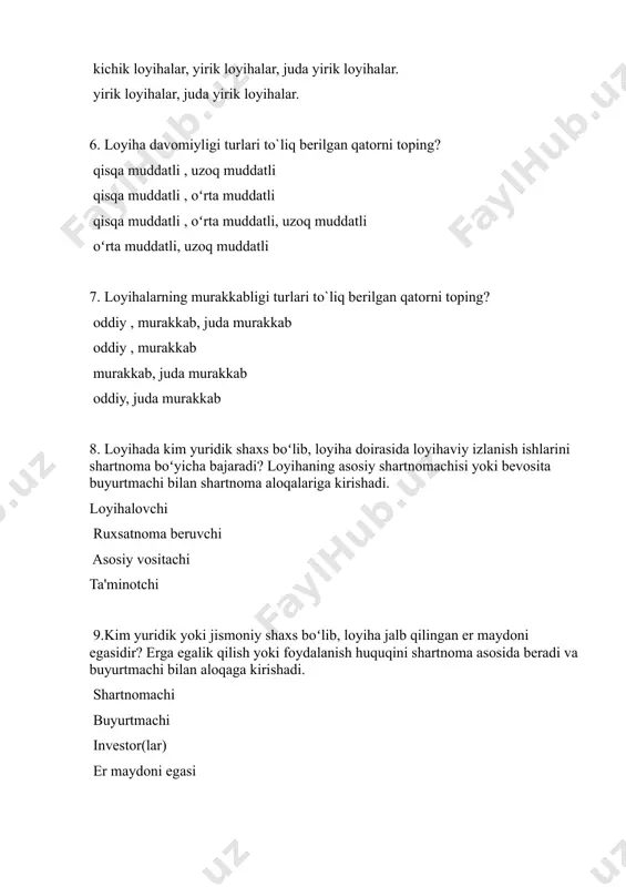 10. kim yuqoriroq darajadagi shartnomachi yoki subshartnomachi bilan shartnoma aloqalariga kirishida? shartnoma boʻyicha ish va xizmatlarni bajarishga javobgardir. buyurtmachi shartnomachi subshartnomachi yer maydoni egasi 11.oʻzbekiston respublikasi prezidenti shavkat mirziyoev nechinchi yil 24 iyul kuni mamlakatimizda loyihalarni boshqarish tizimini joriy etish toʻgʻrisidagi farmonga imzo chekdi? 2019 2018 2017 2016 12. oʻzbekiston respublikasi loyiha rahbariyatining milliy agentligi qachon tashkil etildi? 2017 yil 24 iyulda 2017 yil 24 iyunda 2018 yil 24 iyulda 2019 yil 24 iyunda 13.infrastruktura sohasi nima? to`g`ri berilgan ta`rifni toping. turli xizmatlar bozori bilan bogʻliq va loyihaga va uning ta'minotiga oʻz talablarini qoʻyadi. bunga, reklamaga, transportga, aloqa telekommunikasiyaga, informasion va boshqa tur ta'minotga boʻlgan talablar kiritiladi. atrof muhit himoyasi xizmati va talablari hamda ishlab chiqarish chiqindilaridan oqilona foydalanish bilan bogʻliq. tomonidan ham boshqa talablar ham boʻlishi mumkin. loyihaning muhim talab va shartlarini tashkil qiladi, bu esa sotish bozorlari va sotib oluvchilarni qarorlari bilan aniqlanadigan, raqobashilarning mavjudligi va xarajatlar bilan …
