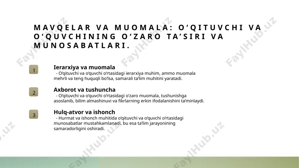 ishonch o‘qituvchi va o‘quvchining motivatsiyasi ularning faolligi va ishtirokini oshiradi. o‘rtoqlik va ishonch muhitida rivojlanish kuchayadi. 2 hamkorlikdagi maqsadlar birgalikda belgilangan maqsadlar motivatsiyani mustahkamlash va muvofiqlikni ta’minlashga yordam beradi, natijada ta’lim samaradorligi oshadi. 3 muvofiqlashtirilgan faoliyat o‘qituvchi va o‘quvchi o‘rtasida faol muvofiqlashtirilgan ishlar motivatsiyani kuchaytiradi, shaxsiy rivojlanish va hamkorlikni rivojlantiradi. interaktiv ta’lim usullari orqali faol ishtirokni kuchaytirish interaktiv usullar interaktiv ta’lim usullari talabalarning faol fikrlashini rivojlantiradi, muhokama va amaliy mashg‘ulotlar orqali bilimni mustahkamlash imkonini beradi. tekshirish va baholash o‘qituvchilar interaktiv metodlar yordamida talabalarning ishtirokini nazorat qiladi, ularning fikrlarini tinglaydi va baholash jarayonini shaxsiylashtiradi. texnologik vositalar zamonaviy texnologiyalar, masalan, ta’lim platformalari va interaktiv doskalar, ta’lim jarayonini qiziqarli va samarali qilishda muhim rol o‘ynaydi. o‘quvchilarning mustaqil fikr yuritishini rag‘batlantirish yondashuvlari mustaqil fikr o‘quvchilarning mustaqil fikr yuritishini rag‘batlantirish uchun ularga muhim masalalarni mustaqil hal qilish imkoniyatini berish, kreativ fikrlash va mustaqil izlanishlarni qo‘llab-quvvatlash zarur. tadqiqot metodlari o‘quvchilarga muammo yechish va mustaqil fikrlash uchun …
