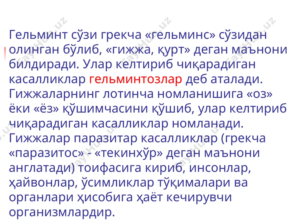 шига олиб келади * гельминтозларнинг эпидемиологик таснифи касаллик манбаи, юқиш йўли ва омилига қараб гельминтозлар 3 та гуруҳга бўлинади: геогельминтозлар биогельминтозлар контагиоз гельминтозлар * геогельминтозлар геогельминтозлар (грекча «гео» - ер, «гельминс» - гижжа, қурт) касаллик қўзғатадиган гижжаларнинг личинкалари тупроқда ривожланиб, сўнгра одам организмида балоғатга етади ва кўпаяди. улар ҳам 2 гуруҳга бўлинади: етилган личинкали тухумлар оғиз орқали одам организмига тушганда касаллик юқади. масалан: аскаридоз ва қилбош гижжалар. тухумлар тупроқда вояга етган личинкаларга айланади, оғиз орқали ва тери орқали организмга киради ва касаллик келтириб чиқаради, ҳаттоки ичак ичида ўзидан ўзига юқтириш (аутосуперинвазия) кузатилиши мумкин. масалан: анкилостома некатор ва стронгилоидоз. * биогельминтозлар биогельминтозлар (грекча сўздан олинган бўлиб, «био» - ҳаёт «гельминс» - гижжа, қурт) паразитнинг ривожланиши ва кўпайиши бир неча жонли, тирик организмда юз беради. бунда оралиқ, охирги – асосий ҳўжайин ажратилади. оралиқ ҳўжайин организмида паразитлар ривожланишининг дастлабки даври ўтади, асосий ҳўжайин организмида гижжалар ўсиб балоғатга етади. буларга тениаринхоз, тениоз, описторхоз, дифиллоботриоз, …