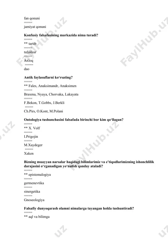 narsalar va hodisalarning tarkibiy qismlari o‘rtasidagi qonuniy aloqa usuli nima? ==== ** struktura ==== sistema ==== element ==== tizim “kategoriyalar” risolasi muallifi kim ? ==== ** aristotel ==== suqrot ==== platon ==== empidokl dunyo zamirida materiyadan oldin paydo bo‘lgan va uni yaratuvchi ideal narsalar va hodisalar yotadi, degan fikrni himoya qiluvchilar qanday ataladi? ==== ** idealistlar ==== agnostiklar ==== gnostiklar ==== materialistlar «substansiya” - bu nima? ==== ** dunyoni tushunish zamirida yotuvchi, nisbatan barqaror va mustaqil holda mavjud mohiyat ==== mutloq «men” ning erkin, sof faoliyati ==== ob’yektiv rivojlanuvchi g‘oya ==== dunyoni bilish falsafaning qadriyatlar bilan shug‘ulladigan sohasi qanday ataladi? ==== ** aksiologiya ==== praksiologiya ==== semiotika ==== germenevtika materiya sariqlik, moviylik, qoramtirlik, iliqlik, og‘irlik va boshqa shunga o‘xshash xossalarga ega degan fikrlarni kim asoslagan? ==== ** f.bekon ==== p d.yum ==== t.gobbs ==== j.lokk abu nasr farobiyning jamiyat haqidagi qarashlari qaysi asarida ifodalangan? ==== ** fozil odamlar shahri ==== …