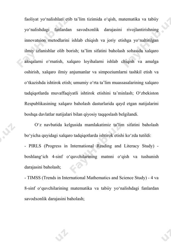 ndi. о‘z navbatida kelgusida mamlakatimiz ta’lim sifatini baholash bо‘yicha quyidagi xalqaro tadqiqotlarda ishtirok etishi kо‘zda tutildi: - pirls (progress in international reading and literacy study) - boshlang‘ich 4-sinf о‘quvchilarining matnni о‘qish va tushunish darajasini baholash; - timss (trends in international mathematics and science study) - 4 va 8-sinf о‘quvchilarining matematika va tabiiy yо‘nalishdagi fanlardan savodxonlik darajasini baholash; - pisa (the programme for international student assessment) - 15 yoshli о‘quvchilarning о‘qish, matematika va tabiiy yо‘nalishdagi fanlardan savodxonlik darajasini baholash; - talis (the teaching and learning international survey) - umumiy о‘rta ta’lim maktablari rahbarlari va о‘qituvchilari bilan sо‘rovnoma о‘tkazish orqali maktabda о‘qitish va ta’lim olish jarayonlari samaradorligini baholash. qayd etish lozim, mamlakatimiz ta’lim muassasalari pisa xalqaro tadqiqotlarida 2021 yilda ilk marotaba ishtirok etadi. - ushbu dasturga 1997 yil asos solingan, - deydi mirishkor tumani xalq ta’limi bо‘limi ta’lim sifati monitoringi bо‘limi inspektor-metodisti elyor shoqulov. - undan kо‘zlangan asosiy maqsad - dunyo bо‘ylab …
