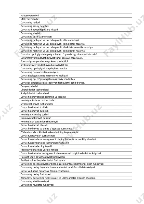 litik inqilob” haqida nimalarni bilasiz? davlatni vujudga kelishi haqidagi teologik nazariya va uning vakillari. ibtidoiy jamiyatlarda hokimiyat. davlat paydo bo'lishining tipik va o'ziga xos shakllari davlatni vujudga kelishi haqidagi patriarxal nazariya va uning vakillari. davlatni vujudga kelishi haqidagi shartnoma nazariyasi va uning vakillari. davlatning paydo bo‘lishiga oid nazariyalarning xilma xilligi davlatni vujudga kelishi haqidagi zo‘ravonlik nazariyasi va uning vakillari. davlatning paydo bo‘lishini “irrigatsiyaviy” nazariyasi. urug‘chilik jamiyati va uning xususiyatlari davlatni vujudga kelishi haqidagi organik nazariya nazariya va uning vakillari. ibtidoiy jamiyatdagi hokimiyat va ijtimoiy me'yorlar davlat va huquqning vujudga kelishi sabablari davlat va huquqning paydo bo'lishining asosiy nazariyalari davlatni vujudga kelishi haqidagi tarixiy materialistik nazariya va uning vakillari. davlatni vujudga kelishi haqidagi psixologik nazariya va uning vakillari. huquqni vujudga kelishi haqidagi tabiiy huquq nazariya huquqni vujudga kelishi haqidagi teologik nazariya huquqni vujudga kelishi haqidagi psixologik nazariya davlatning tushunchasi, ta’rifi. davlatning asosiy belgilari sifatida soliqlar. davlat suvereniteti zamonaviy davlat va huquq: …