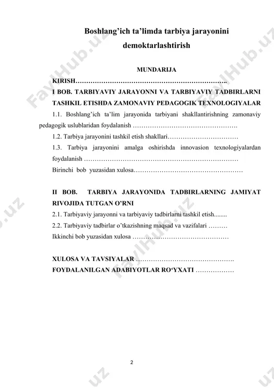 nchi bob yuzasidan xulosa ……………………………………… xulosa va tavsiyalar ………………………………………. foydalanilgan adabiyotlar roʻyxati ……………… kirish “agar mendan sizni nima qiynaydi deb so’rasangiz , farzandlarimizning ta’lim va tarbiyasi deb javob beraman” sh.mirziyoyev. dolzarbligi. o‘zbekiston respublikasining istiqlolga erishuvi, barcha jabhalarda, xalq xo‘jaligining turli sohalarida, jumladan xalq ta’limi tizimida ham o‘sib kelayotgan barkamol avlod ta ’lim - tarbiyasi bilan bog‘liq jarayonda keng ko’lamdagi o ‘zgarishlarga yo‘l ochib berdi. ta’lim va tarbiyaviy ishlarni davr talabiga javob beradigan xolga keltirishda yillar davomida to‘plangan ijobiy tajribadan unumli foydalanib, o‘quvchilarda insonparvarlik odobi me’yorlarini shakllantirish, milliy, umum insoniy qadriyatlar, vatanim izning boy ma’naviy merosi bilan tanishtirish, madaniy hamda dunyoviy bilimlarni egallashga bo’lgan qiziqishlarini shakllantirish о‘qituvchilar oldiga qo‘yilgan muhim vazifalardan biri hisoblanadi. tarbiyaviy tadbirlar boshlang‘ich sinf o‘quvchilarida vatanparvarlik, dunyoviy fikrlash, jamiyatda o‘z o‘rniga va kasbiga ega bo’lish, odamlar bilan o‘zaro munosabat - muloqotni o‘rganish hamda yurtiga, prezidentiga, millatiga, tiliga, ota-onasiga, ustozlariga sadoqatli farzand bo‘lishga chorlaydi. o‘quvchilarning darsdan bo‘sh vaqtlarida, o‘quv …