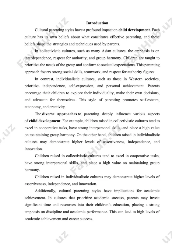 te higher levels of assertiveness, independence, and innovation. additionally, cultural parenting styles have implications for academic achievement. in cultures that prioritize academic success, parents may invest significant time and resources into their children’s education, placing a strong emphasis on discipline and academic performance. this can lead to high levels of academic achievement and career success. it is important to recognize and appreciate the diversity of cultural parenting styles and the unique contributions they make to child development. by understanding the impact of cultural parenting practices, we can promote cross-cultural understanding, respect, and effective support for children from different backgrounds. parenting style is one of many factors that strongly influence child development. one’s choice of parenting style is most often molded by their cultural background. american parents use a myriad of parenting styles, all of which have their roots in various cultural beliefs about which method is best to raise a …