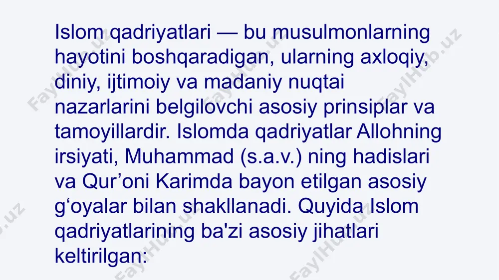 n odamiga ma‘rifatning zarurligi globalizatsiya va yangiliklar: yangi bilim va texnologiyalarni o‘rganish zarurati. internet va axborot texnologiyalari: to‘g‘ri axborotni tanlash va unga munosabat bildirish. inson huquqlari va ijtimoiy adolat: islomning adolat tamoyillari orqali zamonaviy muammolarni hal qilish. 03 abu hurayra roziyallohu anhudan rivoyat qilinadi. nabiy sollallohu alayhi va sallam marhamat qiladilar: “ayol kishi to‘rt narsasi uchun nikohlaniladi: moli, nasl-nasabi, jamoli va dini uchun. bas, dindorini tanla, qo‘ling tuproqqa belangur (“baraka topgur”)!” (muttafaqun alayh). business abdulloh ibn amr roziyallohu anhudan rivoyat qilingan hadisda rasululloh sollallohu alayhi va sallam: “ayollarga husni uchun uylanmanglar, ehtimol, husni ularni halok qilar. ularga mol-davlati uchun ham uylanmanglar, ehtimol, mollari ularni tug‘yonga ketkazar. ammo dinlari uchun uylaninglar. albatta, burni kesik, qulog‘i teshik dindor qora cho‘ri (dini yo‘q hur ayoldan) yaxshidir”, deganlar (imom ibn moja rivoyati). xulosa islom qadriyatlari insonni ma'naviy va axloqiy jihatdan to‘g‘ri yo‘lga boshqaradi. ular nafaqat individual, balki jamiyatda ham barqarorlik, tinchlik va farovonlikni ta'minlashga …