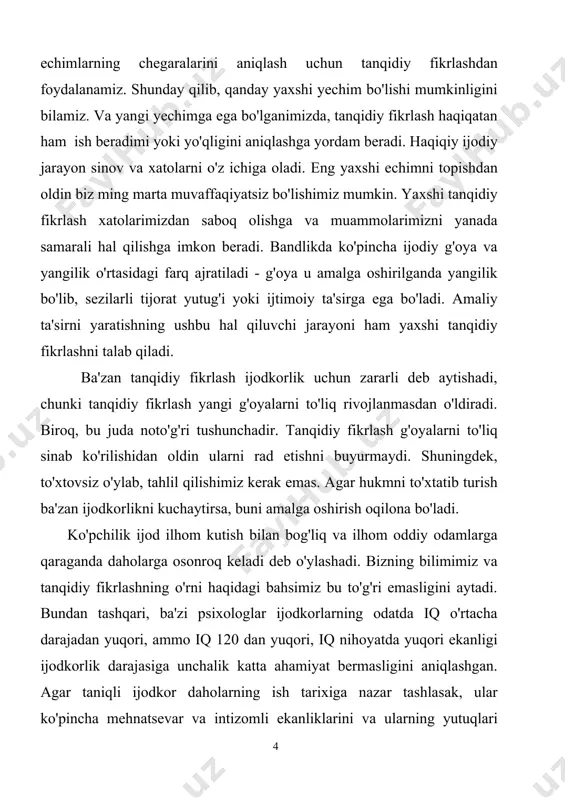 aytirsa, buni amalga oshirish oqilona bo'ladi. ko'pchilik ijod ilhom kutish bilan bog'liq va ilhom oddiy odamlarga qaraganda daholarga osonroq keladi deb o'ylashadi. bizning bilimimiz va tanqidiy fikrlashning o'rni haqidagi bahsimiz bu to'g'ri emasligini aytadi. bundan tashqari, ba'zi psixologlar ijodkorlarning odatda iq o'rtacha darajadan yuqori, ammo iq 120 dan yuqori, iq nihoyatda yuqori ekanligi ijodkorlik darajasiga unchalik katta ahamiyat bermasligini aniqlashgan. agar taniqli ijodkor daholarning ish tarixiga nazar tashlasak, ular ko'pincha mehnatsevar va intizomli ekanliklarini va ularning yutuqlari keng muhokama qilingan.10 yillik qoidaga amal qilishlarini aniqladik. motsart yaxshi misoldir. ommabop afsona shundaki, u g'ayrioddiy musiqani hech qanday kuch sarflamasdan yaratgan daho bo'lgan. haqiqat shundaki, u har qanday tug'ma iste'dodga ega bo'lsa ham, u butun hayoti davomida juda ko'p mehnat qildi. motsartning otasi unga bolaligida musiqa o'rgatgan va motsart 28 yoshga kirganida, uning qo'llari doimiy mashg'ulot va bastakorlikning sabablari bo'lgan. ushbu fidoyilik va mehnatsevarlik musiqa bilimlari va g'oyalari haqida ma'lumotlar bazasini yaratdi …