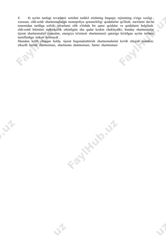 ining sub'ektlari umumiy huquq layoqati bilan tavsiflanadi . tijorat subyektlarining huquq layoqatini cheklash faqat qonun talablariga muvofiq istisno tariqasida amalga oshirilishi mumkin. 2. fuqarolik huquqining barcha sub'ektlari tijorat huquqining sub'ektlari emas. shunday qilib, jismoniy shaxslar - fuqarolar tijorat huquqining sub'ektlari emas. ayrim toifadagi shaxslarning tijorat va fuqarolik huquqiy layoqati ham turlicha. tijorat huquqi fanida tovar aylanmasi sub'ektlarini tasniflashda turlicha yondashuvlar mavjud. mulkning kelib chiqishiga ko'ra sub'ektlar davlat va xususiy bo'linadi . kapitalning kelib chiqishiga ko'ra sub'ektlar milliy, qo'shma va xorijiy toifalarga bo'linadi . iqtisodiy ko'rsatkichlar bo'yicha - kichik, o'rta va katta. asosiy faoliyat yoÿnalishiga koÿra sanoat , transport, qurilish, qishloq xoÿjaligi, savdo va hokazo sohalarda faoliyat yurituvchi subÿyektlar mavjud. savdo tashkilotlari, shuningdek , ko'rsatilayotgan xizmatlar hajmiga ko'ra , ularni xizmatlarning to'liq spektrini va cheklangan xizmatlarni ko'rsatadigan tashkilotlarga bo'lingan holda tasniflanadi. ikkinchisi orasida savdo funktsiyalarining bir qismini (yuklash, etkazib berish) o'zlari bajaradigan tadbirkorlarga xizmat ko'rsatadigan "topib oling va oling" ulgurji sotuvchilar …