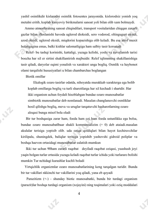 enini darxol oldirmaydi antropogen omillar hozirgi vaqtda antropogen (yunoncha “antropos- insul”) tirik organism bevosita va bilvosita tasir etib ularni yashash sharoitini ozgartirib, qurilib ketishiga sabab bolmoqda. insonning faoliyati tufaeli er yuzada koplab osnmlik va hayvon turlari yoqolib ketdi million – million yillar davomida shakillanib, tarkib topgan dunyo manzarasini inson bir necha on yilliklar davomnda beqiyos darajada ozgartirib yuboradi. abiotik omillar quyidagi omillarga bo’linadi. 1.iqlim omillari. 2.tuproq omillari. 3.topografik omillar. iqlim omillari quyidagilarga bo’linadi. a.harorat. b.yoruqlik. c. issiqlik tabiatning organizmni o’rab turgan va u bilan bevosita aloqada bo’ladigan qismi yashash muhiti deb ataladi. har qanday organizm murakkab va o’zgaruvchan muhitda yashaydi va bu muhitning o’zgarishlariga o’z hayot faoliyatini moslashitirib boradi. planetamizda tirik organizmlar 4 ta asosiy yashash muhitini egallab olganlar: suv, quruqlik-havo muhiti, tuproq va tirik organizm. organizmlarning yashash muhitiga moslashishi adaptatsiya deb ataladi. organizmlarning adaptatsiyaga qobiliyatliligi - uning asosiy xususiyatlaridan biridir. bunday xususiyat organizmning yashab qolishiga va ko’payishiga imkoniyat yaratib …