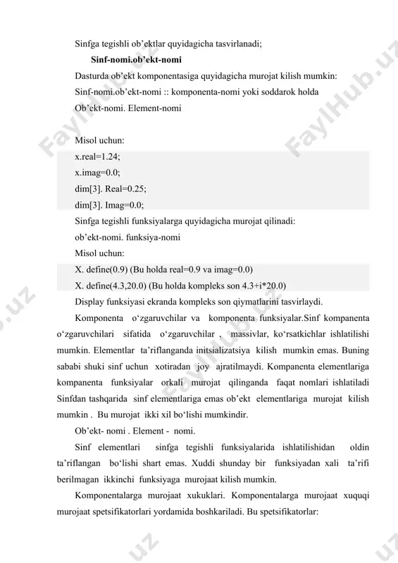 fdan tashqaridagi global o‘zgaruvchi sifatida e’lon qilish kerak. bu quyida shunday ko‘rsatilgan: int class_name::shared_value; navbatdagi dastur book_series sinfini aniqlaydi. bu sinf (seriya)ning barcha ob’ektlari (kitoblari) uchun bir xilda bo‘lgan page_count elementidan birgalikda foydalanadi. agar dastur ushbu element qiymatini o‘zgartirsa, bu o‘zgarish shu ondayoq barcha sinf ob’ektlarida o‘z aksini topadi: #include using namespace std; class book_series { public: book_series(float); void show_book(void); void set_pages(int) ; private: static int page_count; float price; }; int book_series::page_count; void book_series::set_pages(int pages) { page_count = pages; } book_series::book_series(float price) { book_series::price = price; } void book_series:: show_book (void) { cout using namespace std; class book_series { public: static int page_count; private: float price; }; int book_series::page_count; int main() { book_series::page_count = 256; cout using namespace std; class book_series { public: static int show_count() { return page_count;}; private: float price; static int page_count; }; int book_series::page_count=256; int main() { cout << "page_count ning joriy qiymati " << book_series::show_count() …