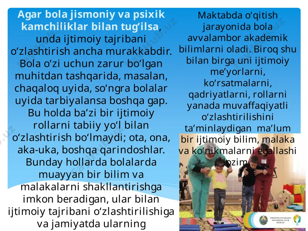 a, bu odamlar ham jamiyatning teng huquqli, biroq ba’zi bir muammo yoki cheklangan imkoniyatlarga ega a’zosi sifatida qaraladi. hozirda cheklangan imkoniyatli shaxslar soni butun dunyoda shu jumladan, o‘zbekistonda ham sezilarli darajada ekanligi e’tiborni tortadi. tibbiyot, psixologiya, sotsiologiyada “me’yor”ning o‘z ko‘rsatgichlari, o‘z me’yorlari bo‘lib unga mos kelmaydigan jihatni-“og‘ish”, “chetga chiqish” deyiladi. ijtimoiy pedagogika uchun “me’yor” va “me’yordan og‘ish” tushunchalari nihoyatda ahamiyatlidir. ular bola xulq-atvori va rivojlanish jarayonini harakterlash uchun qo‘llanadi. og‘ish ham ijobiy ham salbiy harakterga ega bo‘lishi mumkin. masalan, bola rivojlanishida aqliy qoloqlik ham, qobiliyatlilik ham me’yordan og‘ish hisoblanadi. xulq-atvordagi jinoyatchilik, giyohvandlik va boshqa salbiy og‘ishlar ham shaxsning ijtimoiy shakllanish jarayoniga, ham jamiyat rivojlanishiga ham salbiy ta’sir ko‘rsatadi. me’yordan chetga chiqishni shartli ravishda 4 guruhga ajratish mumkin: jismoniy ruhiy pedagogik sotsiologik 1 kasallik, xastalik-ruhiy yoki fiziologik funksiyalar, anatomik struktura elementlarini har qanday yo‘qotish; 2 cheklangan imkoniyat-inson uchun me’yor hisoblangan chegarada biron-bir faoliyatni bajarish qobiliyatini yoqotish yoki cheklab qo‘yish; 3 nogironlik-yosh, …