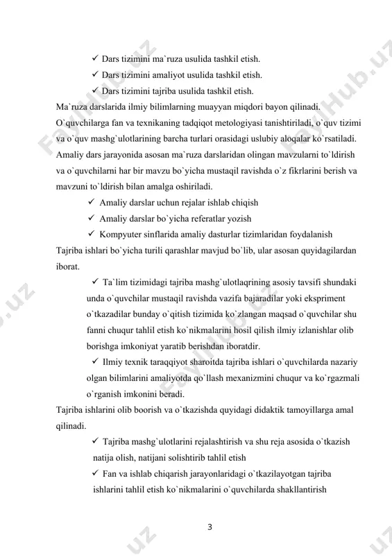biron bir mavzuni chuqur o`rganishlariga yordam beradi bu esa mavzuga taluqli tushuncha yoki aniq fikrni erkin va ochiq ravisgda bayon etishlariga olib keladi. o`quvchilarni tarmoq usulida o`qitishning yana bir afzalligi shundab iboratki bunda o`quvchi o`tilgan mavzuni mustahkamlash bilan birgalikda uni turli chizma ko`rinishida shakllantirishga olib keladi. o`quvchilarning fikrlarini tarmoqlash quyidagicha tashkil etiladi: · mavzuga oid bo`lgan fikrlar hayolga kelgan ko`rinisgda ketma ket yozib boriladi · fikrlar tugamaguncha yozishni davom ettirish kerak bo`ladi, agar shu mavzuga taluqli bo`lgan fikrlar tugab qoladigan bo`lsa bunday holatda fikrni yanada takomillashtirshga harakat qilish kerak bo`ladi. · iloji boricha fikrlarning ketma ketligi va o`z aro bog`liqligini ko`paytirish kerak. o`zbеkiston rеspublikasida o`rta maxsus, kasb-hunar ta`limi tizimi o`quv jarayonining asosiy tuzilmasi 4- чизма o`zbеkiston rеspublikasi oliy va o`rta maxsus ta'lim vazirligi o`rta maxsus, kasb-hunar ta'limini rivojlantirish instituti o`rta maxsus, kasb-hunar ta'limi markazi qoraqalpog`iston rеspublikasi, viloyatlar va toshkеnt shahar o`rta maxsus, kasb-hunar ta'limi hududiy boshqarmalari akadеmik litsеylar kasb-hunar kollеjlari …
