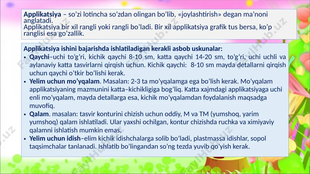 . applikatsiya mashg’ulotlarida bolalar ko’pincha geometrik shakllar bilan munosabatda bo’ladilar natijada ular tevarak atrofdagi predmetlarda geometrik shakllarni abstrakt ko’rinishini ko’ra olishga o’rganadilar. bolalar geometrik shakllar bilan tanishishlari jarayonida hali o’zlariga tanish bo’lmagan figuralarning nomini to’g’ri aniqlashga o’rganadilar. bolalar shaklni yopishtirishni yelimsiz aloqa qilishlari natijasida bu shaklini mantiqiy va ritmik holida joylashtirishga o’rganishlari, asosan o’rtasida o’ngda, chapda, yuqorida, pastda, orqada, qarama-qarshi tamonda, atrofida kabi so’zlar bilan tanishib oladilar. bolalarni qog’oz betida nuqta orentirovka qilishga o’rgatish-bolalarni maktabda muvaffaqiyatli o’qishlarini asosiy shartlaridan biridir. bolalarga barglardan yasalgan applikasiya bu – qiziqarli hunarmandchilik. kuzda bolalar barglarning oltin o'yinini kuzatishadi. aynan ulardan ajoyib kuz ilovalarini yasash mumkin. bolalarni bo'sh vaqtida qiziqarli ijodkorlik bilan shug’ul- lanishga taklif qilish kerak. kuzda yorqin barglar va o'tlardan o’z-o'zidan yasalgan narsalar chindan ham qulay, chiroyli va albatta, o'ziga xos bo'lib chiqadi. har kim barglardan applikasiya yasashi mumkin, bu erda asosiy narsa shoshilmaslikdir. kuzgi ilovalarni yaratishdan oldin, barglar va gullar quritilishi kerak, …