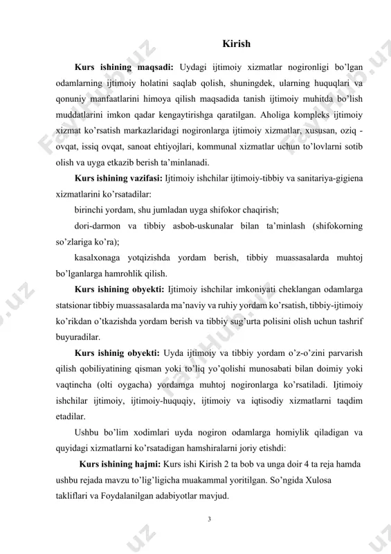 q muddat ishlay olmaydigan shaxslar; 3-guruh nogironligiga mehnat qobiliyati sezilarli darajada pasaygan shaxslar kiradi. nogironlar davlat nafaqasi bilan taʼminlanadi, zarur boʻlganda davolanadi, ularga protezlar beriladi, ishga, maxsus maktablarga joylashtirish uchun sharoit yaratiladi. nogironlarni tibbiy, ijtimoiy va kasbiy reabilitatsiya qilish orqali faol hayotga, mehnatga jalb qilish dolzarb masala hisoblanadi. bmt doirasida “nogiron” atamasi o‘rniga “nogironligi bo‘lgan shaxs”dan foydalanish taklif qilinmoqda. o‘zbekistonda bmtning nogironlar huquqlari to‘g‘risidagi konvensiyasini ratifikatsiya qilishning zarurligi qayd etilmoqda. nogironlar bilan ijtimoiy ish uchun texnologiyalar. nogironlarni reabilitatsiya qilishning individual dasturi asosida ijtimoiy xizmat ko’rsatish muassasalarida ijtimoiy ishlar olib boriladi, unga quyidagilar kiradi: • uydagi ijtimoiy xizmatlar (shu jumladan ijtimoiy va tibbiy xizmatlar); • ijtimoiy xizmat ko’rsatish muassasalarining kunduzgi (tungi) bo’limlarida yarim statsionar ijtimoiy xizmatlar; • statsionar muassasalarda statsionar ijtimoiy xizmatlar (pansionatlar, pansionatlar va boshqa ijtimoiy xizmat ko’rsatish muassasalari); • shoshilinch ijtimoiy xizmatlar; • ijtimoiy maslahat yordami. uydagi ijtimoiy xizmatlar nogironligi bo’lgan odamlarning ijtimoiy holatini saqlab qolish, shuningdek, ularning huquqlari …