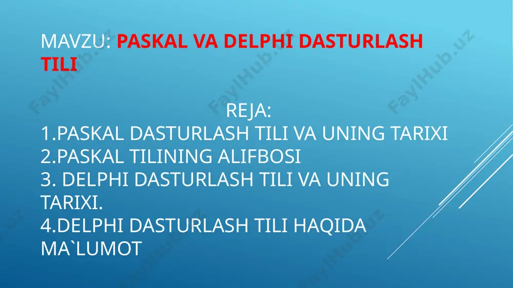 ga va algol-w ni yanada takomillashtirishga qaror qildi va uni 1970-yilda paskal sifatida chiqardi. algol skalyarlari va massivlaridan tashqari, paskal murakkab maʼlumotlar turlarini aniqlash hamda roʻyxatlar, tarmoqlanish va grafiklar kabi dinamik va rekursiv maʼlumotlar tuzilmalarini yaratish imkonini beradi. paskal 1970-yillarda, ayniqsa rivojlanayotgan minikompyuter bozorida muvaffaqiyat qozondi. kompilyatorlar koʻplab mikrokompyuterlar uchun ham mavjud edi, chunki bu soha 1970-yillarning oxirida paydo boʻlgan. u 1980-yillarda universitet darajasidagi dasturlash kurslarida oʻqitish tili sifatida keng qoʻllanilgan va shu davrda tijorat dasturiy taʼminotini yozish uchun ishlab chiqarishda ham foydalanilgan. pascal tili alifbosi paskal dasturlash tilining alifbosi deb, shu tilda maʼlumotlarni ifodalash va dasturlar yozish jarayonida kompilyator tomonidan qabul qilishga ruxsat berilgan belgilar yoki maxsus belgilardan iborat bo‘lgan zanjirlar to‘plamiga aytiladi. bu alifbo o‘z ichiga ascii (halqaro belgilar va ularning uodlari) jadvalining hamma belgilarini, yaʼni quyidagilarni oladi: 0 dan 9 gacha arab raqamlari; tagiga chizish belgisi (_); bo‘shliq (probel) belgisi; (bu belgi paskal tilida barcha xizmatchi so‘zlar …
