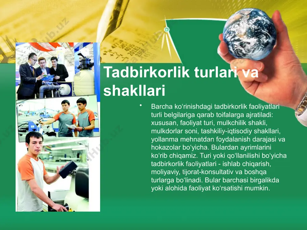 hatlar ko‘rinishida berilishi mumkin. lekin ko‘p hollarda bu maslahatlar konsalting loyihalari ko‘rinishida berilib, o‘zida quyidagi bosqichlarni aks ettiradi: muammolarni aniqlash (diagnostika); qaror va loyihalar ishlab chiqish; qaror va loyihalarni amalga oshirish. konsalting firma tomonidan mijozlarni jalb etish usullari konsalting xizmati bozorining o‘ziga xos xususiyati shundaki, tadbirkorlikning bu turi bilan shug‘ullanuvchi firma «o‘z tovarining namunasini», «xizmat namunasini» ko‘rsatish imkoniyatiga ega emas. shuning uchun bunday firmalar oldida turgan, mijozlarni jalb etish masalasi, o‘ta muhimdir. mijozlarni jalb etish usullari turlichadir. bularga: o‘z imkoniyatlarini reklama qilish, mijozlarni vositachilar orqali jalb etish, oldingi buyurtmachilar tavsiyasidan foydalanish kabilar kirishi mumkin. image2.jpeg image3.jpeg image4.jpeg image5.jpeg image6.jpeg image7.jpeg image8.jpeg image1.jpeg