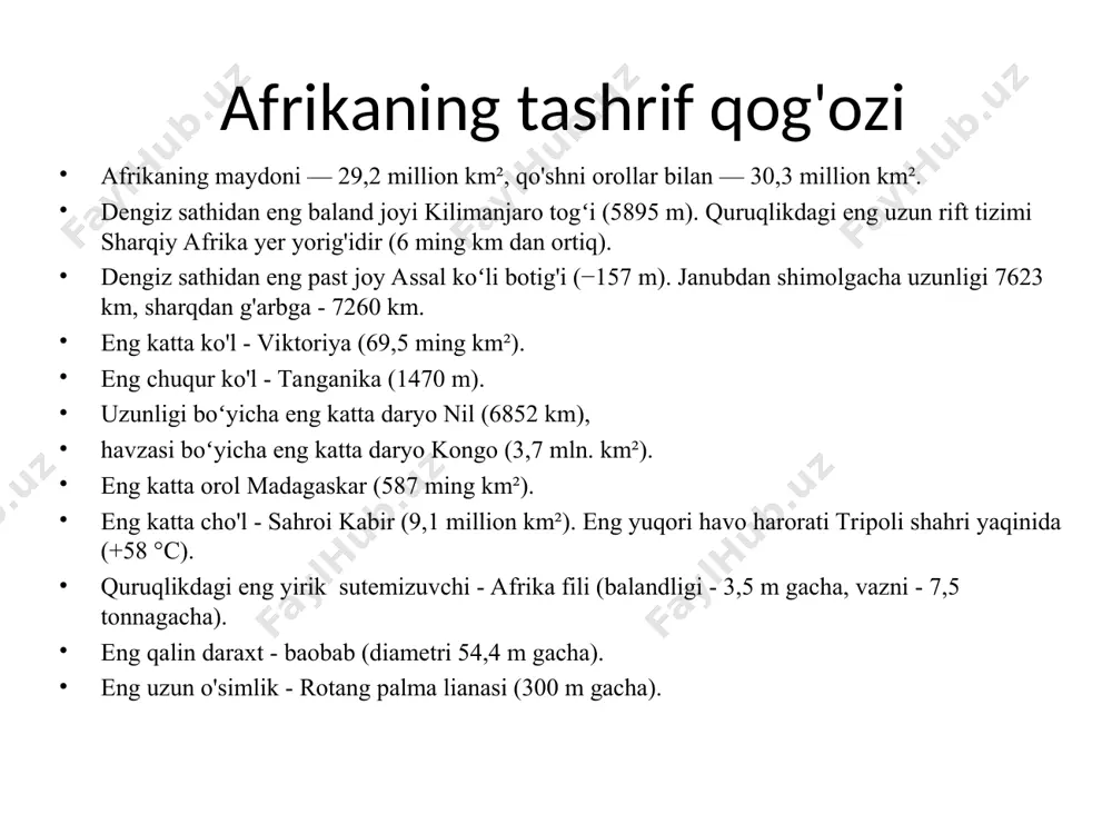 antika оkеanidan hind оkеanigacha, kеyptaun burnidan dеyarli zkvatоrgacha bo’lgan katta maydоnlarni o’rgandi. ibn battuta afrika tabiatini, aholisining urf-odatlarini, xo‘jaligini o‘rganishda mashhur marokashlik sayyoh ibn battutaning alohida o‘rni bor. u afrikaning shimoliy va sharqiy sohillarini, nil havzasini, sahroyi kabirning g‘arbiy qismini, niger daryosining yuqori oqimidan o‘rta oqimigacha (1325-1349 yy.) o‘rgangan. xv asr gollandiyaliklarning afrikani o‘rganishida muhim bosqich bo‘lsa-da, unga qora kunlarni - qullar savdosini keltirdi. 1487 yilda bartalomeo diash afrikaning janubidagi yaxshi umid burniga qadar atlantika okeani sohillarini o‘rgandi. 1497-1498 yillarda portugaliyalik vasko da gama afrikani janubdan aylanib o‘tib, 1498 yil 20 mayda hindistonning kalkutta portiga yetib keldi. u yevropaliklar uchun hindistonga boradigan dengiz yo‘lini kashf etdi. afrikaning ichki qismi tabiatini o‘rganishda ingliz tadqiqotchisi devid livingstonning xizmatlari katta bo‘ldi. u kalaxari cho‘lini, zambezi daryosini, kongo daryosining yuqori oqimlarini, nyasa, tanganika ko‘llarini o‘rgandi. zambezi daryosidagi sharsharaga viktoriya nomini berdi.ingliz-amerika ekspeditsiyasining boshlig`i g.m.stenli (1817-1877) zanzibar orollarini, viktoriya ko`lini va nil daryosining boshlanish irmog`i …