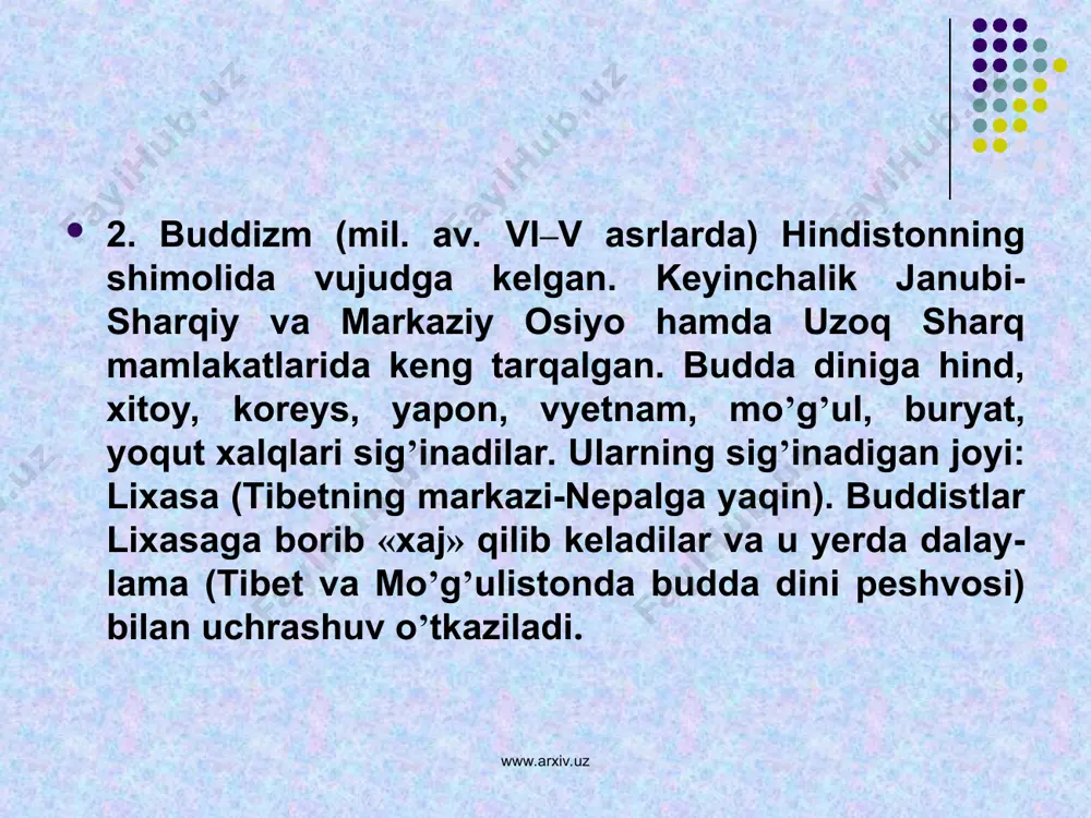 adi. ota-ona qanday bo’lishidan qat’iy nazar, farzand ularga nisbatan hurmat saqlashi, ularning so’zlarini qaytarmasligi, ota-ona bolani dunyoga keltirish bilan birga, farzandga ta’lim-tarbiya ham berganligini unutmay, ularning haqqini ado etishga doimo tayyor turishi lozimligi ta’kidlanadi. www.arxiv.uz www.arxiv.uz 1.«qur’on»da shirinsuxanlik, to’g’ri so’z, muomala madaniyatiga rioya qilish qonun-qoidalari keltiriladi, shirinsuxanlik insonning muomala madaniyatiga ega ekanligini ko’rsatadi, obroini orttiradi, hurmatga sazovor qiladi. www.arxiv.uz www.arxiv.uz 2.unda odob-ahloq madaniyati, huquqiy munosabatlar va insonni ulug’lashga oid muhim ko’rsatmalar mavjud. jumladan, «bandalarimga aytingki, ular eng go’zal so’zlardan so’zlashsinlar», «biz odam bolalarini mukarram qildik… ularga halol, pok narsalardan rizqu - ro’z berdik va ularni o’zimiz yaratgan juda ko’p jonzotlardan afzal - ustun qilib qo’ydik» ─ deb ko’rsatiladi. www.arxiv.uz www.arxiv.uz hadislar islomda qur’oni karimdan keyin ikkinchi manba hisoblanadi va xalqning turmush tarzidagi barcha qonun-qoidalarini belgilab beradi. bugun musulmon olamida eng nufuzli manbalar deb tan olingan 6ta ishonchli hadislar to’plami (as-sahih is-sita) mualliflari markaziy osiyo xalqlari vakillari bo’lgan. 1. abu abdulloh …