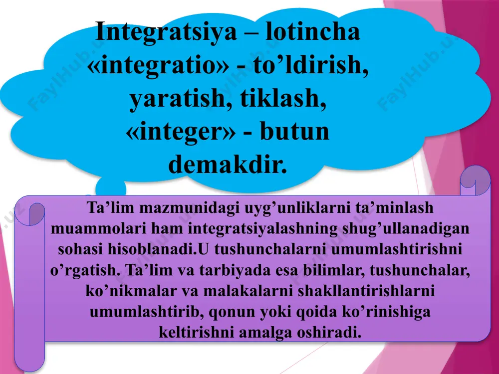 imyo, astronomiya, texnika, sotsiologiyadagi evolyusion nazariyaga asoslanadi. metodologik integratsiya: u falsafa metodologiyasi kabi ilmiy bilishning alohida metodlariga taalluqli integratsiya bo‘lib, ularga tizimli yondashuvning qo‘llanilishi va uning mohiyati, tabiatshunoslikka oid muammolarning qo‘yilishi va ularning hal etilishi; fandagi tushuntirish va prognoz qilish; kuzatish, tajriba, modellashtirishning tuzilish mohiyati va qo‘llanilishi kabilar kiritiladi. muammoli integratsiya: u turli kenglik darajasidagi fanlararo muammolarni qamrab oladi (atrof-muhitni muhofaza qilish, giyohvandlikka qarshi kurashish va boshqalar). faoliyatga oid integratsiya: munozara, guruhlar tarkibida ishlash, fanlararo reja va loyihalar tuzish va boshqalar. amaliy integratsiya: turli jarayon yoki texnik mahsulotlarni har tomonlama ko‘rib chiqish, antibiotiklar, sintetik moddalar, biotexnologiya kompyuterlar va boshqalar. boshlang‘ich maktabda integratsiyani amalga oshiruvchi bo‘g‘in vazifasini o‘qituvchining o‘zi amalga oshiradi. u bolalarga matematika, o‘qish, tabiat haqidagi boshlang‘ich tushunchalarni va yana ko‘pgina narsalarni o‘rgatadi. o‘qituvchi o‘zining kuch va imkoniyatlari darajasida bu ishni amalga oshiradi. boshlang‘ich sinflarda har bir o‘qituvchining dars berishini, alohida olingan integratsiyaning bir usuli deb hisoblasak ham bo‘ladi. integrativ …