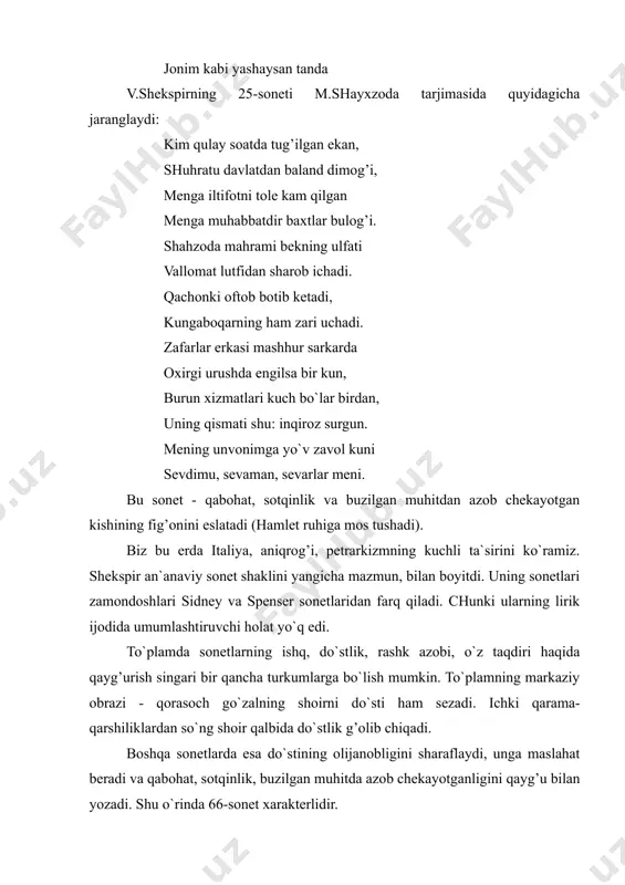qea, tasodif, anglashmovchiliklar bilan to`la. komediyalarda taqdir g’oyasi asosiy g’oyadir. bu ayniqsa «yoz kechasidagi tush» va «o`n ikkinchi kecha»da yaqqol namoyon bo`ladi. bu oldindan belgilangan (insonni barcha xarakatlarini foydasizga chiqaruvchi) taqdir (rok) emas. taqdir shekspir tomonidan omad (fortuna) ma`nosida tushuniladi. «omad» g’oyasi insonni passivlikka emas, aksincha aktivlikka chorlaydi. unda o`z baxtini sinab ko`rish istagini tug’diradi. shekspir komediyalarida tasvirlanishicha, eng oddiy xarakatlar iste`dodli va hayotni sevguvchi insonlar tomonidan sodir etilsa, albatta, yutuqqa erishadi. shekspirning tarixiy xronikalar deb nomlangan dramalari mavjud bo`lib, ularning asosiy mavzusi xiv-xv asr feodal angliya dinastik kelishmovchiliklaridir. «richard iii» (1592) «genrix v» (1599) asarlari bo`yicha misol bo`la oladi. bu dramalar syujeti xolinshedning «angliya, shotlandiya va irlandiya xronikalari» (1577) asaridan olingan shekspir ijodining birichi davrida «romeo va jul’etta» (1595) va «yuliy tsezar» (1599) kabi tragediyalarni ham yozgan. ikkinchi davrda yaratilgan tragediyalarda shekspir inson hayotining eng dolzarb, murakkab masalalariga javob beradi. shekspir tragizmi doimo insonpavarlik va pastkashlik, egoistlik va sahiylik …