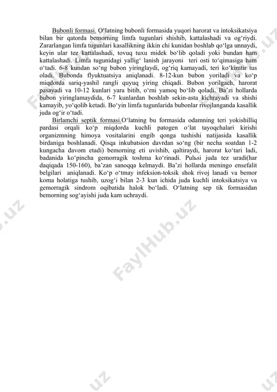 mli kasallik bo‘lib, kuchli intoksikatsiya boshlanishi va limfa tugunlari, teri, o‘pka va boshqa organlarning yallig‘lanishi bilan ta’riflanadi. odamzodga ma’lum bo‘lgan kasallik larning eng qo‘rqinchlisi va eng ko‘p qirg‘in keltiradigani o‘latdir. etiologiyasi.o‘latni qo‘zg‘atuvchi mikrobni 1894 yildagi gonkong epidemiyasi vaqtida iersen va kitazatolar topgan. jersinia pestis deb ataladigan bu mikrob ichki tomoni yoysimon bo‘lib ketgan uzun bochkaga o‘xshaydi. tashqi muhitda chidamli, bir qadar past haroratda, masalan, -20 darajada ham ko‘paya oladi. quritish, isitishga sezuvchan. 60 daraja issiqda 30 minutda, 100 daraja issiqda esa darhol halok bo‘ladi. epidemiologiyasi. tabiiy sharoitda o‘lat mikroblari yovvoyi kemi ruvchi hayvonlarda(yumronqoziq, kalamushlar) uchraydi. bu hayvonlar o‘lat mikroblari saqlanadigan manba hisoblanadi. ko‘pincha bu hayvonlar o‘latning o‘tkir formasi oqibatida halok bo‘lib ketadi, lekin ba’zan ularda o‘lat surunkali formada o‘tadi va muayyan bir joyda infeksiya uzoq muddat saqlana oladi. o‘lat asosan transmissiv yo‘l bilan – burgalar chaqqan paytida yuqadi. burga o‘lat bilan og‘rigan kemiruvchi hayvonni chaqqanda, uning qoni bi lan burganing …
