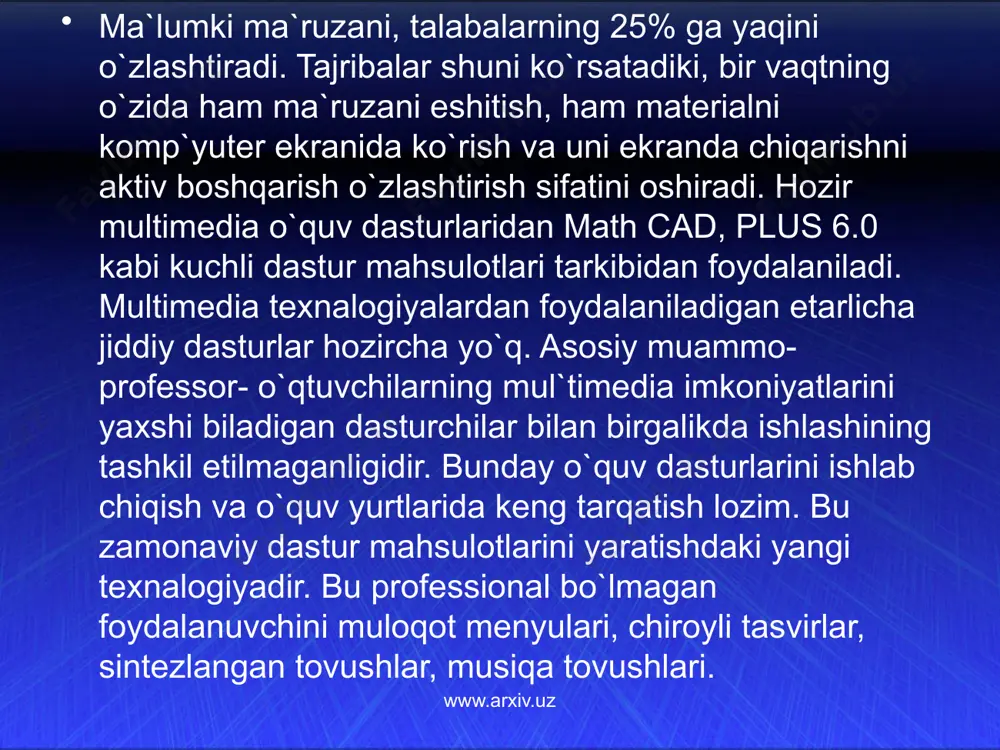 i bosgan holda saqlab turish lozim. odatda, jamlovchining holatiga ko`ra muayyan tugmani bosish imkoni belgilangan bo`ladi. tinglanadigan asarni almashtirish play yoki pause holatida amalga oshirilishi mumkin. asarlarni almashtirish ketma- ket tarzda amalga oshirilishi mumkin. aslida bunday almashtirishlarni diskret almashtirish deb atasa bo`ladi. ifodalash, asarni almashtirish va g`altaklash jarayonlarini kuzatishda vaqt indikatori va ma`lumotlar zonasi ko`maklashadi. www.arxiv.uz foydalanilgan adabiyotlar: ahmedov a.,taylaqov n. informatika. akademik litsey va kasb-hunar kollejlar uchun darslik. — t.: o‘zbekiston, 2002. «informatika va hisoblash texnikasi asoslari» t.x.holmatov, n.i.tayloqov. “o‘zbekiston milliy ensiklopediyasi” davlat ilmiy nashryoti 2001 y. «informatika va axborot texnologiyalar» a.sattorov. тoshkent “o‘qituvchi” –2002. “kompyuter bilan muloqotni o‘rganamiz” sh.narimov, m.najmiddinov. toshkent “moliya” – 2002 y. raxmonqulova s.i. ibm shaxsiy kompyuterlarida ishlash.т., uui, 1994y ”informatika fanidan amaliy mashqlar to‘plami” a.mahmudov farg‘ona 2003 www.arxiv.uz image10.png image11.png image12.png image13.png image14.jpeg image1.jpeg image2.jpeg image3.jpeg image4.jpeg image5.jpeg image6.jpeg image7.jpeg image8.jpeg image9.jpeg