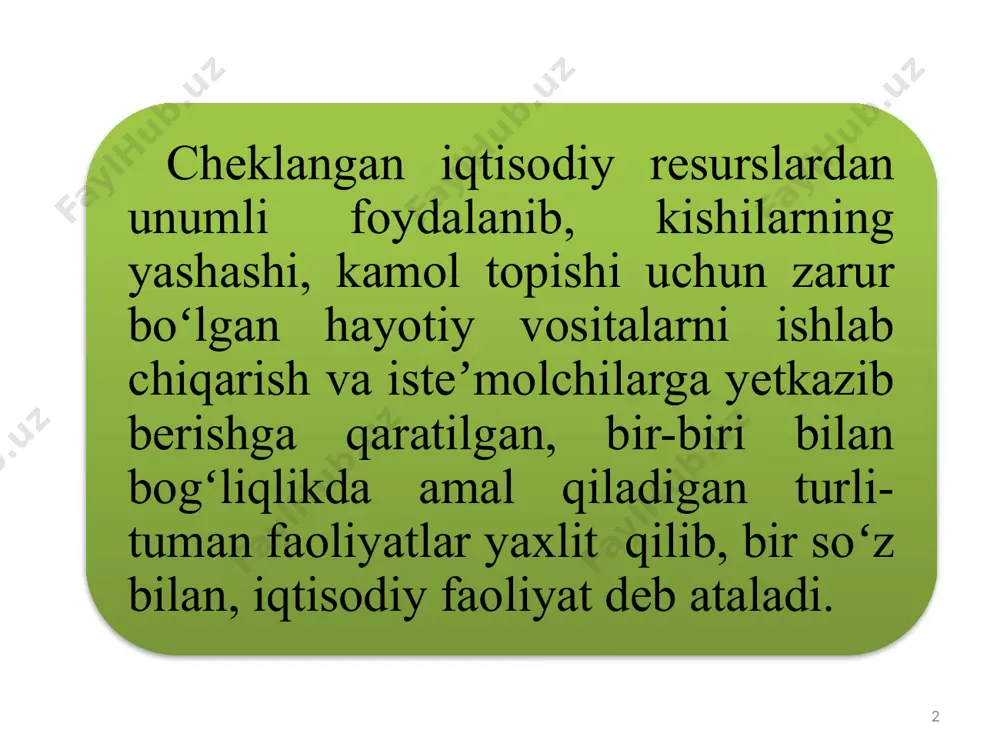 oʻlinadi 7 8 8 inson tomonidan yaratilgan tovarlar va xizmatlarning, resurslarning harakati boʻyicha takror ishlab chiqarish quyidagi fazalar birligidan iboratdir: ishlab chiqarish jarayoni; taqsimlash jarayoni; ayirboshlash jarayoni; isteʼmol qilish jarayoni. 9 ishlab chiqarish – kishilik jamiyatining mavjud boʻlishi va rivojlanishi uchun zarur boʻlgan hayotiy neʼmatlarni yaratish jarayoni. barcha tovar va xizmatlar ishlab chiqarish jarayonida yaratilishi sababli, u takror ishlab chiqarishning eng asosiy va boshlangʻich fazasi hisoblanadi. agar ishlab chiqarilmasa, taqsimlanadigan, ayirboshlanadigan va nihoyat, isteʼmol qilinadigan narsalar boʻlmaydi. 10 taqsimot – ishlab chiqarish omillari va uning natijalarini iqtisodiyotning turli qism va subyektlari oʻrtasida taqsimlash jarayoni. bu bosqichda, eng avvalo, ishlab chiqarish vositalari, kapital, ishchi kuchi va boshqa resurslar turli tarmoqlar, sohalar, hududlar va nihoyat, korxonalar oʻrtasida taqsimlanadi. bundan tashqari, ishlab chiqarish natijasi boʻlgan tovar va xizmatlar, ularning pul holidagi koʻrinishi boʻlgan daromadlar ham taqsimlanadi. 11 ayirboshlash - jamiyat aʼzolarining iqtisodiy faoliyat turlari yoki ishlab chiqarish natijalari boʻyicha maʼlum bir oʻlcham (masalan, …