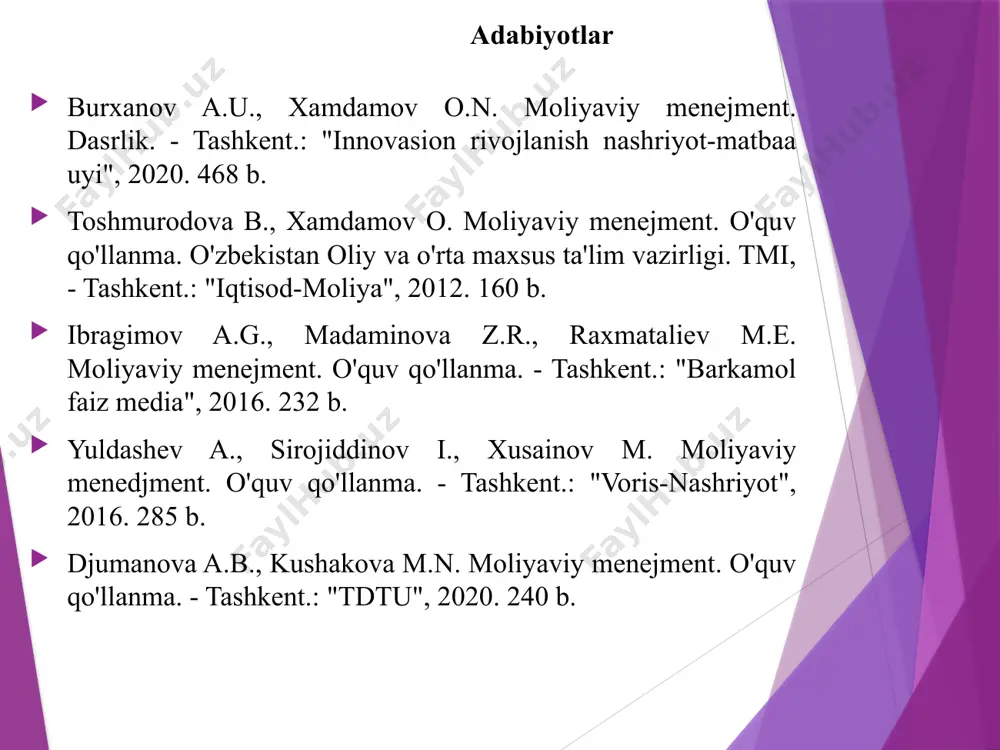 an kreditiga dastlabki yil yillik 20% stavkada to'laydi. keyingi xar yarim yilda foizlar 1%dan o'sib boradi. bitimning muddati 2,5 yil, kredit summasi esa 5 mln. so'm bo'lsa, 2,5 yildan so'ng jami qarz summasini aniqlang. (oddiy foizda) misol №2. dastlabki 14200 ming so'm mablag'8 yil muddatga depozitga joylashtirildi. foizlar quyidagicha: birinchi 3 yilda 10 foiz, keyingi 3 yilda 9 foiz va so'nggi 2 yilda 141 foiz stavka asosida joylashtirildi. kelgusidagi oshgan summani aniqlang (murakkab foizda). misol №3. korxonaning 700 mln.so'mlik majburiyati 5 yildan keyin so'ndirilishi lozim. murakkab xisob stavka 12 foiz. foizlar har kvartalda hisoblab boriladi. majburiyatning joriy qiymatini aniqlang. misol №4. bank tomonidan korxonaga 32 mln.so'mlik kredit yillik 12 foiz xisob stavka asosida ajratildi. korxona 31,8 mln so'm mablag'oldi. kredit shartnomasi muddatini aniqlang. misol №5. bank tomonidan korxonaga jami 634 mln.so'm kredit quyidagi shartlar asosida 1 yil muddatga ajratildi: birinchi 90 kun uchun 12%, keyingi 90 kun uchun 18%, keyingi …
