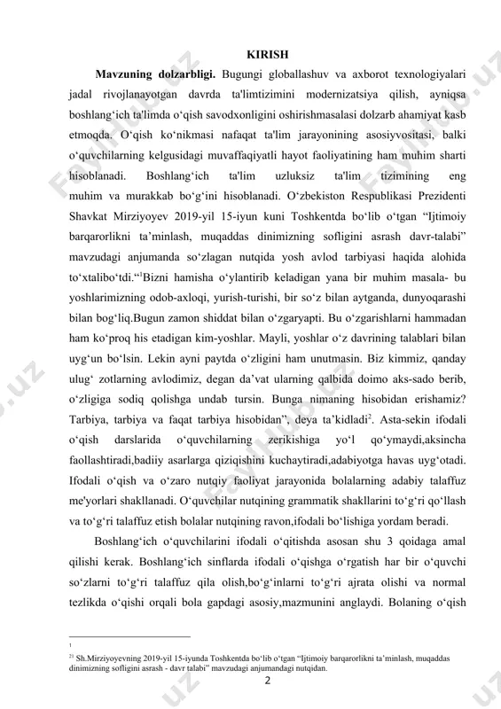 sado berib, o‘zligiga sodiq qolishga undab tursin. bunga nimaning hisobidan erishamiz? tarbiya, tarbiya va faqat tarbiya hisobidan”, deya ta’kidladi[footnoteref:2]. asta-sekin ifodali o‘qish darslarida o‘quvchilarning zerikishiga yo‘l qo‘ymaydi,aksincha faollashtiradi,badiiy asarlarga qiziqishini kuchaytiradi,adabiyotga havas uyg‘otadi. ifodali o‘qish va o‘zaro nutqiy faoliyat jarayonida bolalarning adabiy talaffuz me'yorlari shakllanadi. o‘quvchilar nutqining grammatik shakllarini to‘g‘ri qo‘llash va to‘g‘ri talaffuz etish bolalar nutqining ravon,ifodali bo‘lishiga yordam beradi. [1: ] [2: 1 sh.mirziyoyevning 2019-yil 15-iyunda toshkentda bo‘lib o‘tgan “ijtimoiy barqarorlikni ta’minlash, muqaddas dinimizning sofligini asrash - davr talabi” mavzudagi anjumandagi nutqidan.] boshlang‘ich o‘quvchilarini ifodali o‘qitishda asosan shu 3 qoidaga amal qilishi kerak. boshlang‘ich sinflarda ifodali o‘qishga o‘rgatish har bir o‘quvchi so‘zlarni to‘g‘ri talaffuz qila olish,bo‘g‘inlarni to‘g‘ri ajrata olishi va normal tezlikda o‘qishi orqali bola gapdagi asosiy,mazmunini anglaydi. bolaning o‘qish tezligini normallashtirishda 2ta narsaga e'tibor berishi kerak. 1.normal tezlikda o‘qish namunasini ko‘rsatish; 2. ichidagi o‘qish yuzaki bo‘lmasligi uchun topshiriqlar berish yo‘li bilan tekshirish; boshlang‘ich ta'lim mazmunining ana shunday …