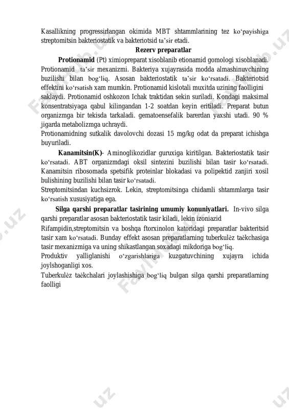 soslangan. preparat nuklein kislota bilan birikib, mikrob tukimasi fermenti tuzilishida asosiy urinni egallaydi, ularning almashinuvini buzadi. kasallikning progressirlangan okimida mbt shtammlarining tez ko‘payishiga streptomitsin bakteriostatik va bakteriotsid ta’sir etadi. rezerv preparatlar protionamid (pt) ximiopreparat xisoblanib etionamid gomologi xisoblanadi. protionamid ta’sir mexanizmi. bakteriya xujayrasida modda almashinuvchining buzilishi bilan bog‘liq. asosan bakteriostatik ta’sir ko‘rsatadi. bakteriotsid effektini ko‘rsatish xam mumkin. protionamid kislotali muxitda uzining faolligini saklaydi. protionamid oshkozon ichak traktidan sekin suriladi. kondagi maksimal konsentratsiyaga qabul kilingandan 1-2 soatdan keyin eritiladi. preparat butun organizmga bir tekisda tarkaladi. gematoensefalik barerdan yaxshi utadi. 90 % jigarda metabolizmga uchraydi. protionamidning sutkalik davolovchi dozasi 15 mg/kg odat da preparat ichishga buyuriladi. kanamitsin(k)- aminoglikozidlar guruxiga kiritilgan. bakteriostatik tasir ko‘rsatadi. abt organizmdagi oksil sintezini buzilishi bilan tasir ko‘rsatadi. kanamitsin ribosomada spetsifik proteinlar blokadasi va polipektid zanjiri xosil bulishining buzilishi bilan tasir ko‘rsatadi. streptomitsindan kuchsizrok. lekin, streptomitsinga chidamli shtammlarga tasir ko‘rsatish xususiyatiga ega. silga qarshi preparatlar tasirining umumiy konuniyatlari. in-vivo …
