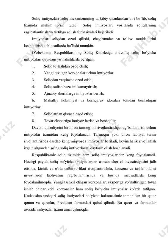 bo’yicha imtiyozlar korxonani investitsion faoliyatiga ishlab chiqarishni kengaytirishga ijobiy ta’sir ko’rsatadi. foyda solig’i bo’yicha imtiyozlar juda keng qamrovli bo’lib, ularni 4 ta yo’nalishga ajratish mumkin: 1. korxona foydasidan olinadigan soliqning soliqqa tortish ob’ekti bilan bog’liq imtiyozlar; 2. korxonalar foydasidan olinadigan soliqni to’lashdan to’liq ozod etish bilan bog’liq imtiyozlar; 3. soliqni to’lashdan vaqtinchalik ozod qilish bilan bog’liq imtiyozlar; 4. yangi korxonalarni qayd etish bilan bog’liq va shunga o’xshash imtiyozlar. korxonalar foydasidan olinadigan soliqlar bo’yicha amalda bo’lgan imtiyozlar quyidagi faoliyatlarni rag’batlantirishga qaratilgan: · ishlab chiqarishga ketadigan harajatlarni va uy-joy qurilishini moliyalash; · yangi turdagi ishlab chiqarishlarni yaratish va mustahkamlash; · tadbirkorlikning kichik shakllari; · nafaqaxo’rlar va nogironlarni ish bilan ta’minlash; · xayriya faoliyati; · madaniy ijtimoiy va atrof muhitni muhofaza qilish sohalarini rivojlantirish. to’rt xil shaklda soliq imtiyozi berilishi mumkin: birinchidan: bu soliq krediti bo’lib, bunda aksariyat hollarda foydadan olinadigan soliqdan chiqarib tashlanadigan chegirma tushuniladi. ikkinchidan: foydaning soliq olinadigan summasini kamaytirish. uchinchidan: …