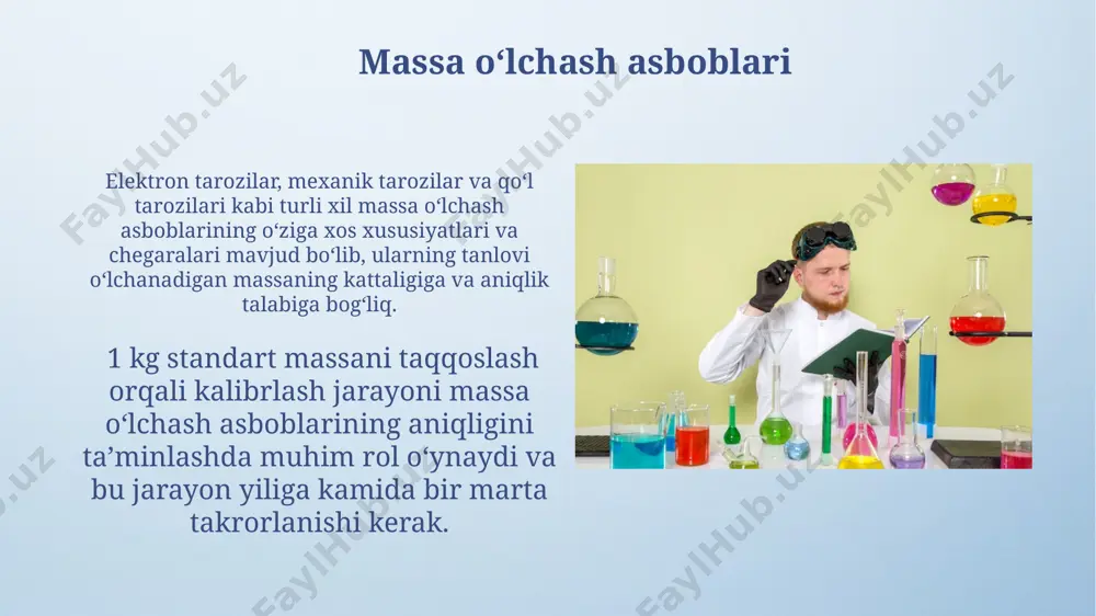 esa bir necha grammdan o'nlab grammgacha bo'lishi mumkin. murakkab misollar: kubometrdan kilogramga o'tish agar moddaning zichligi ma'lum bo'lsa (masalan, yog'och uchun 700 kg/m³), 2 kubometr yog'ochning massasini topish uchun zichlikni hajga ko'paytiramiz: 700 kg/m³ 2 m³ = 1400 kg. gazlarning zichligi juda past bo'ladi, shuning uchun 10 kubometr havoning massasi bir necha kilogrammdan oshmaydi, aniq miqdorni havo zichligi qiymatini bilib hisoblash mumkin. massa oʻlchashda aniqlik va noaniqlik massa oʻlchashda aniqlik 0,01 grammgacha boʻlgan analitik tarozilar yordamida taʼminlanishi mumkin, ammo bu natijalar atrof-muhit sharoitlariga, masalan, harorat va namlikka bogʻliq boʻlishi mumkin. noaniqliklar, ayniqsa, katta massalarni oʻlchashda, tarozilarning kalibrlanmaganligi yoki aşınmışligi tufayli 1-5 grammgacha yetishi mumkin, bu esa oʻlchov natijalarining ishonchliligiga taʼsir qiladi. massa birliklarini oʻzgartirish massa birliklarini o'zgartirishda, masalan, tonnani grammga o'tkazishda, 1 tonna = 1 000 000 gramm formulasi qo'llaniladi. katta birliklardan kichik birliklarga o'tishda ko'paytirish amalini bajarish kerak. kilogrammdan funtga o'tish uchun 1 kg = 2.20462 funt konvertatsiya koeffitsiyentidan …
